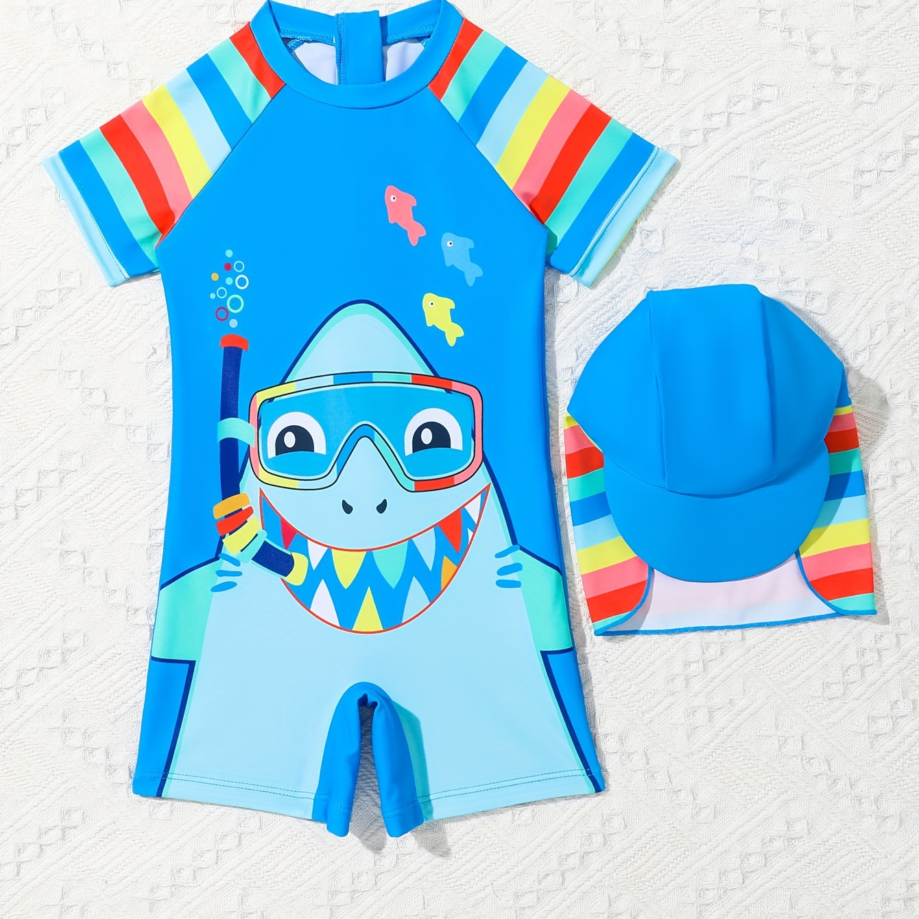 

Baby Boys' One-piece Swimsuit With Cap, Cute Cartoon Shark Print, Quick Dry, Sun Protection, Blue, Multi-color Stripes, Summer Beachwear For Toddlers