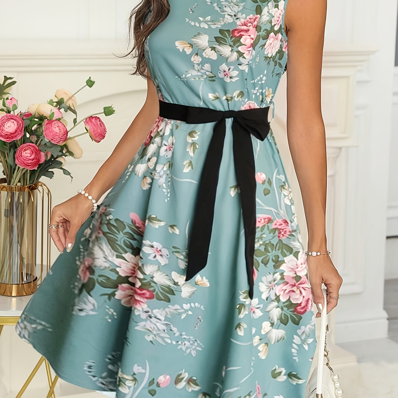 

Women's Elegant Sleeveless A-line Dress With Floral Print, Polyester 95% Spandex 5%, Crew Neck, Knit Fabric, 180g/m², With Belt Detail