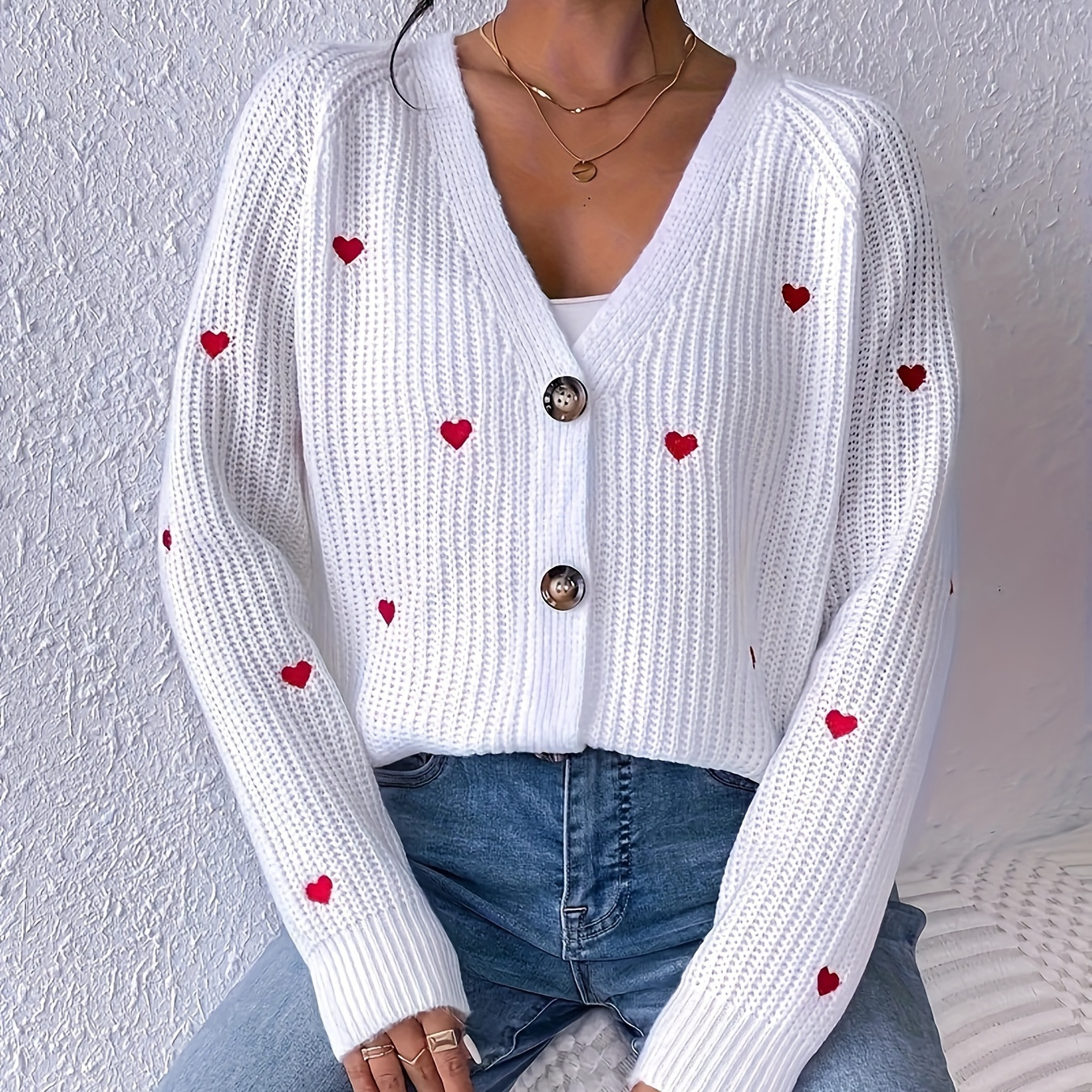 

Heart Embroidered Button Front Cardigans, Casual V Neck Long Sleeve Knitted Cardigans Top For Spring & Fall, Women's Clothing