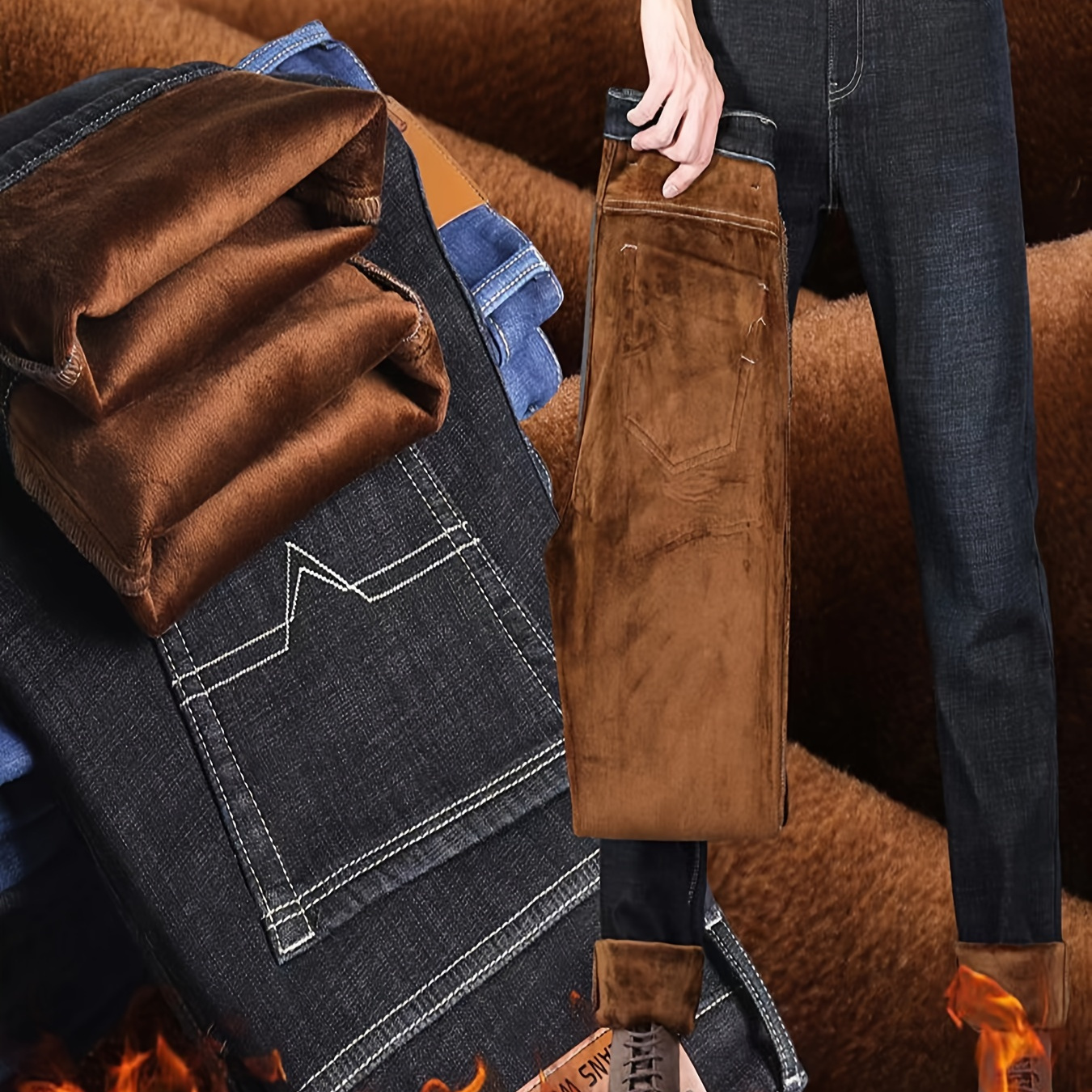 

Men's Warm Fleece Jeans For Business, Casual Medium Stretch Pants For Fall Winter, Old Money Style