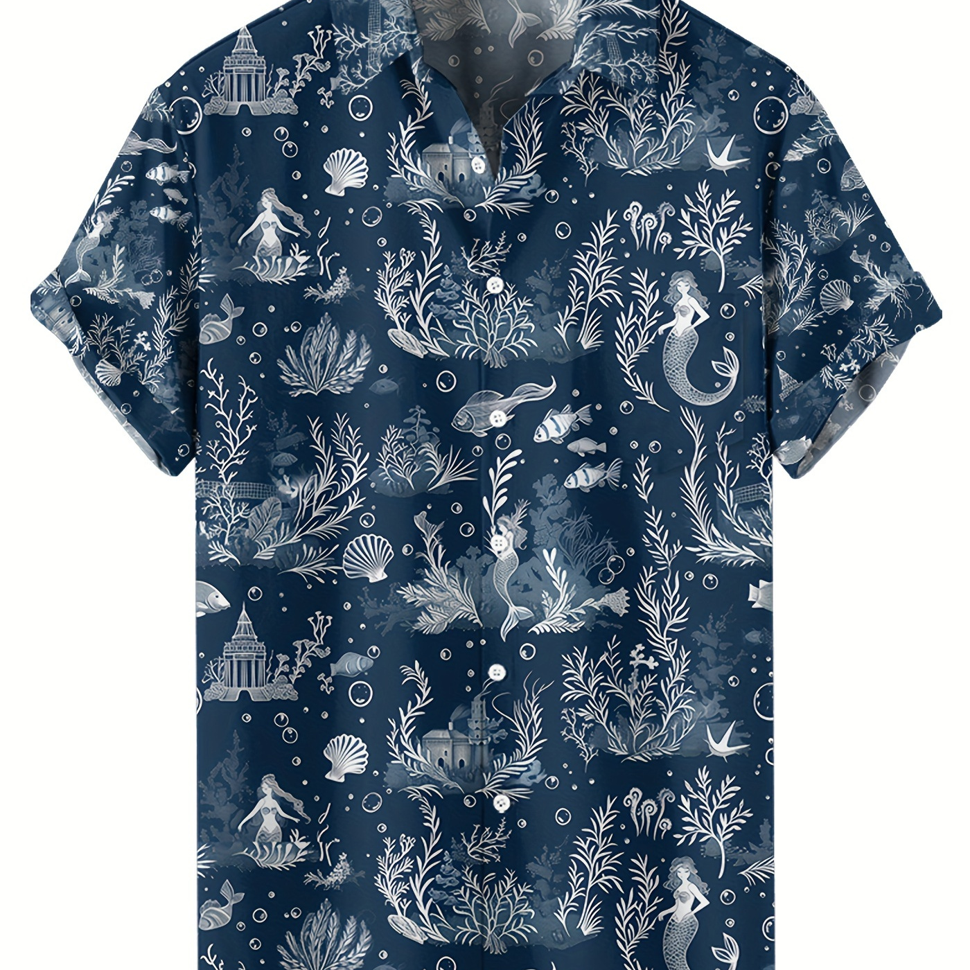 

Deep Blue Sea Mermaid Seaweed Print Pattern Casual Shirt Young Man Short Sleeve Button Loose Breathable Shirt