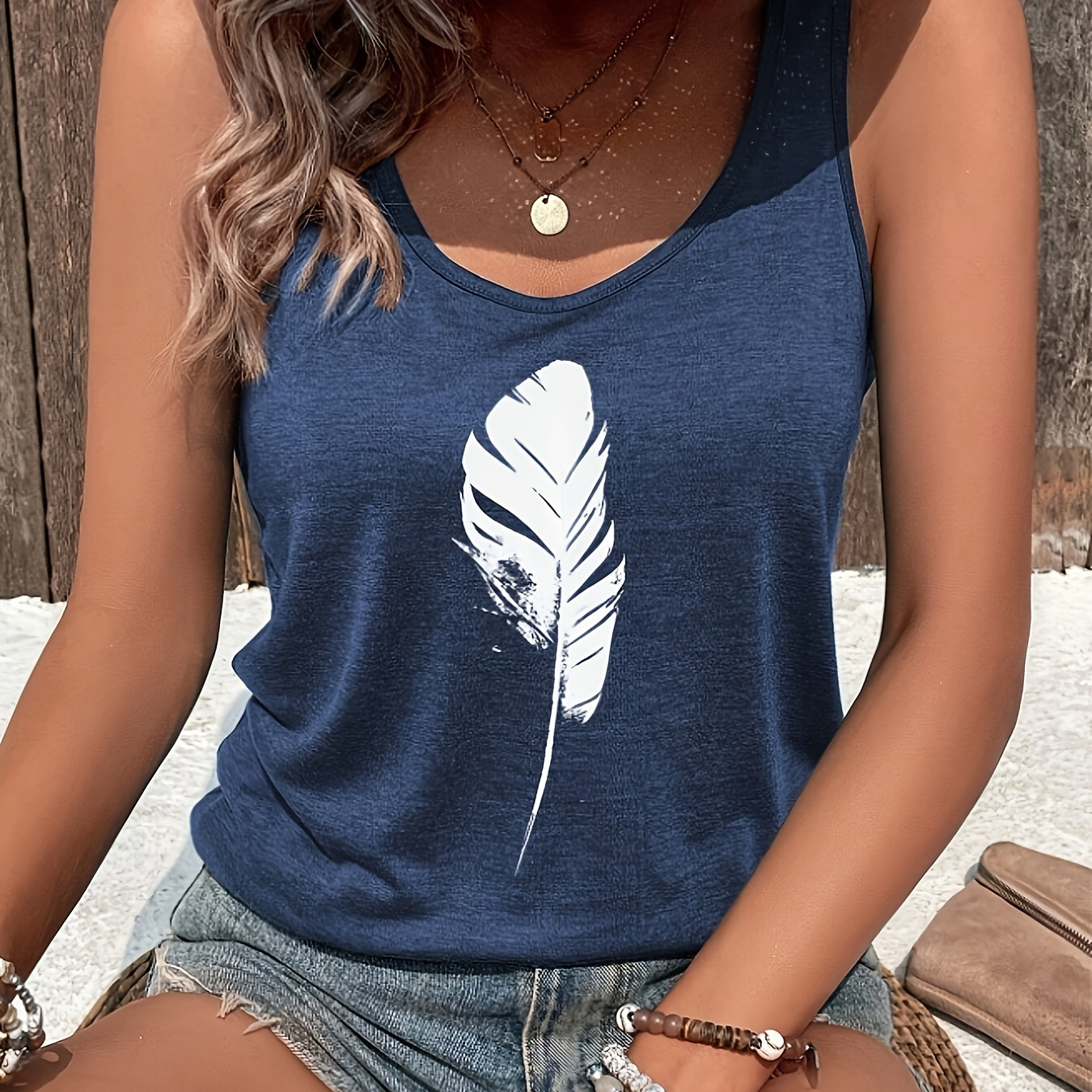 

Feather Print Tank Top, Casual Sleeveless Tank Top For Summer, Women's Clothing