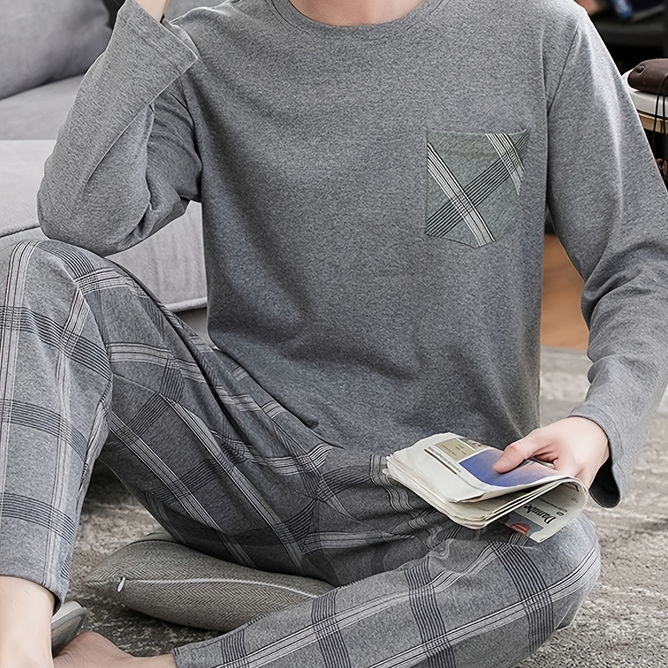 

Men's Cozy Gray Long Sleeve Round Neck Top With Pants Pajama Set - Polyester, Machine Washable, Ideal For Home Or Outdoor Wear