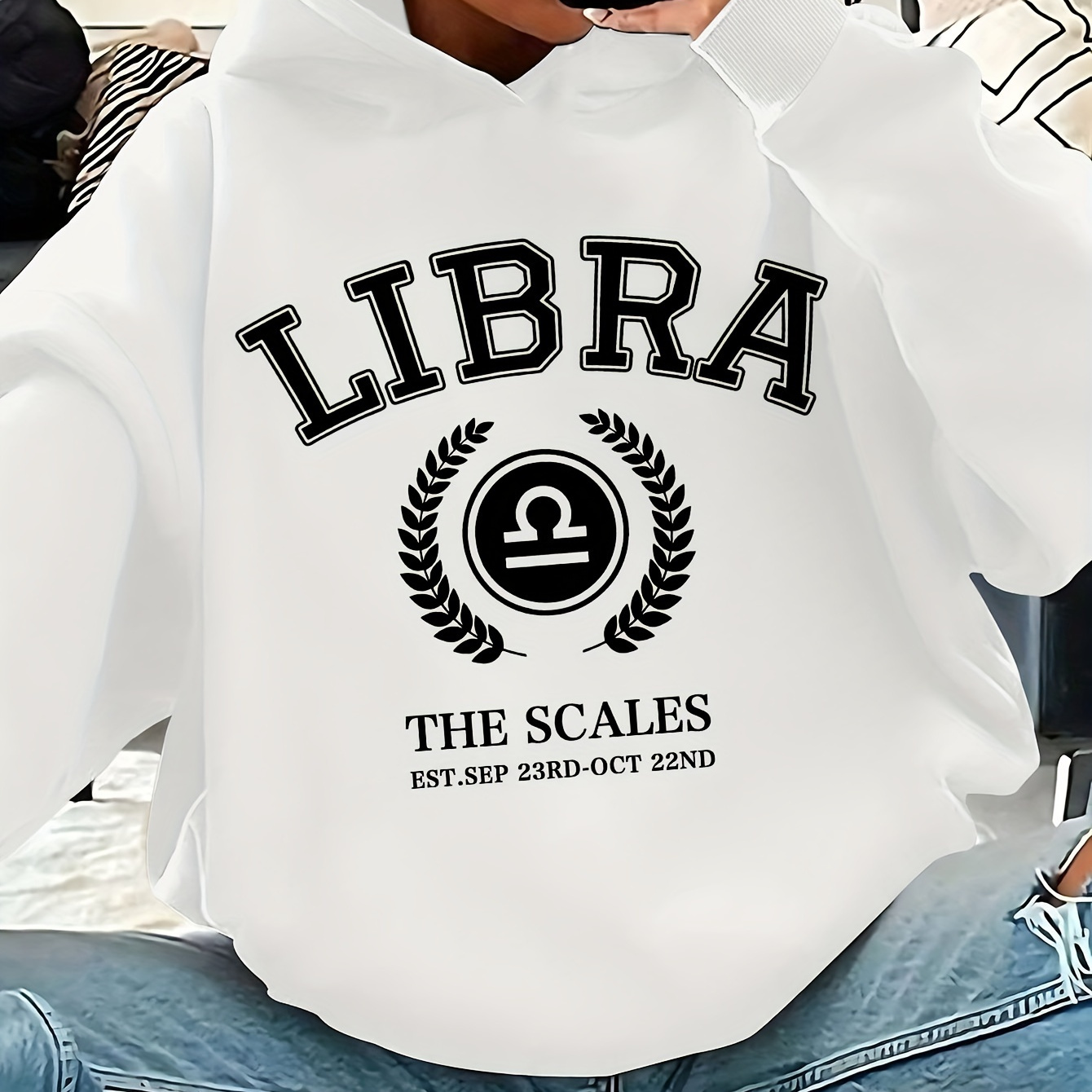 

Plus Size Libra Zodiac Print Hoodie With Applique - Women's Casual Polyester Knit Pullover With Hood - Medium Stretch Fall/winter Hooded Sweatshirt