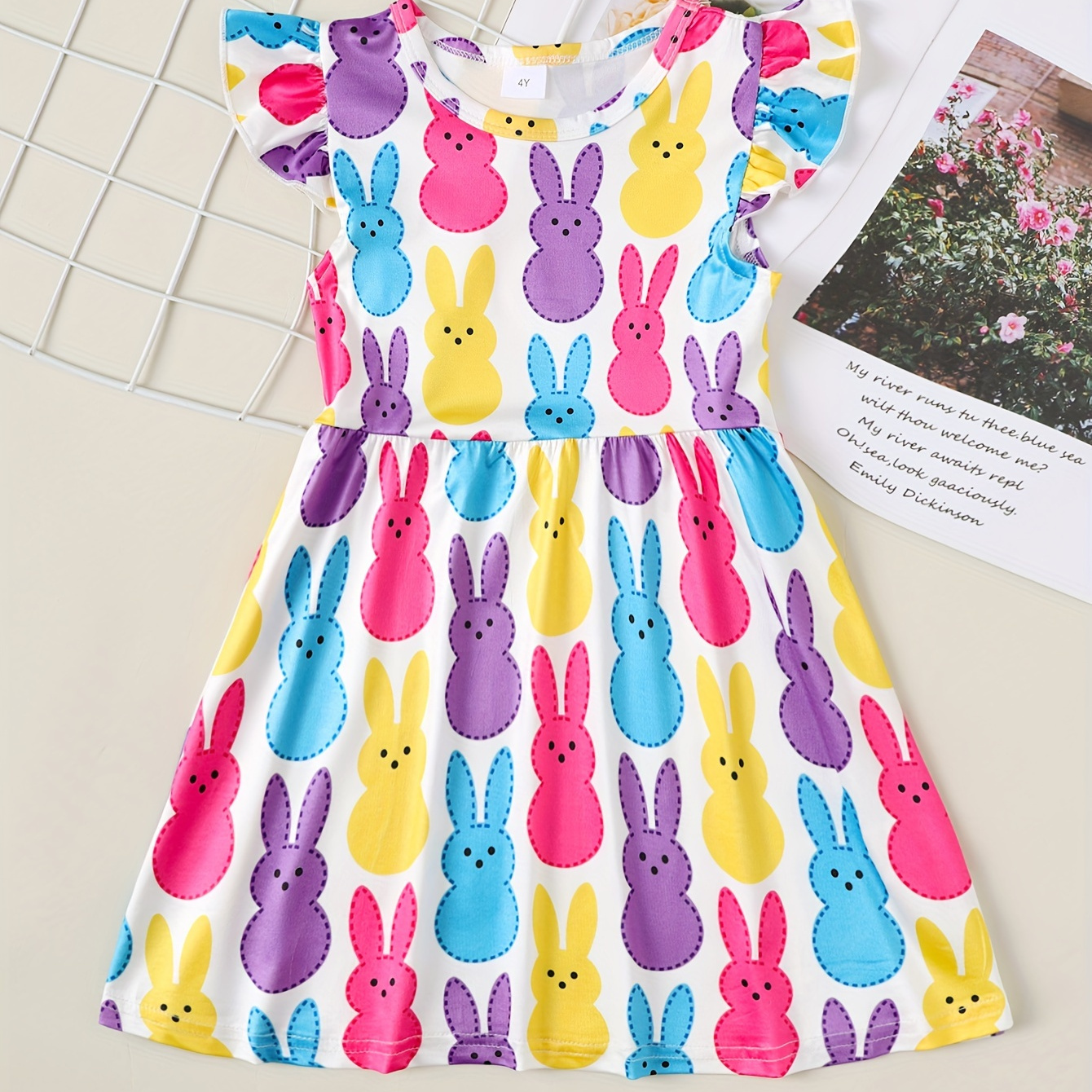 

Girls Sweet Rabbit Pattern Allover Print Dress Stretchy Comfy Flying Sleeve Dress For Spring Summer Easter Gift