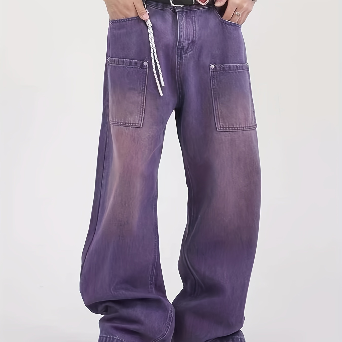 Multipocket Baggy Cargo Pants, Loose Fit Nonstretch With Belt