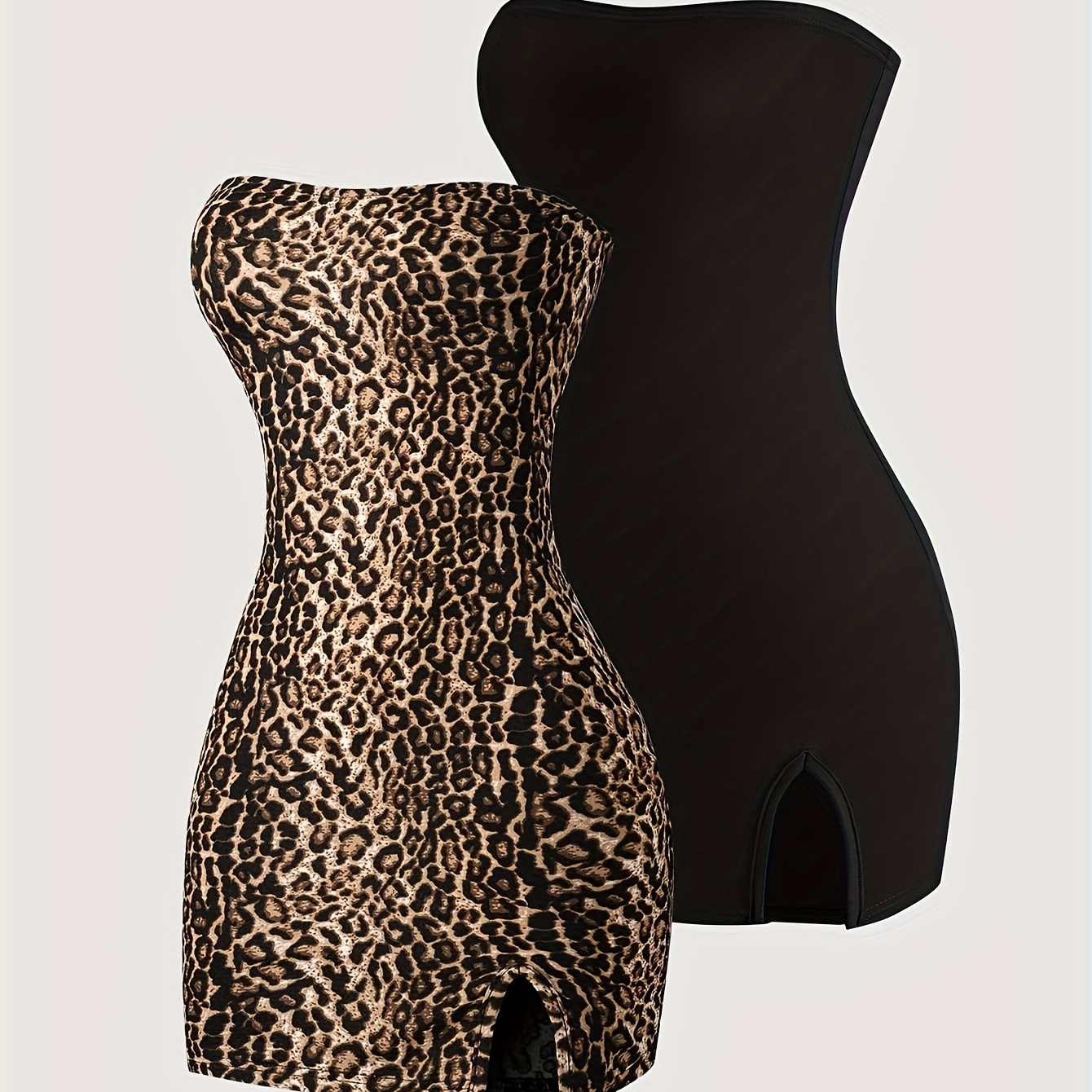 

Leopard Print + Solid Color Dress, Tube Top Flared Skirt, Sexy Body Women'-piece Set