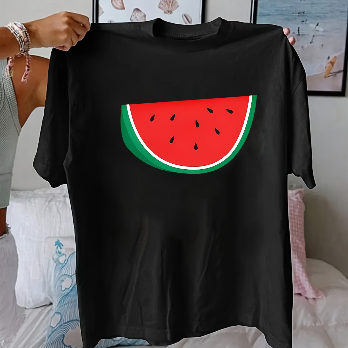 

Women's Casual Watermelon Print T-shirt - Crew Neck, Short Sleeve, Soft Polyester , Machine Washable - Summer