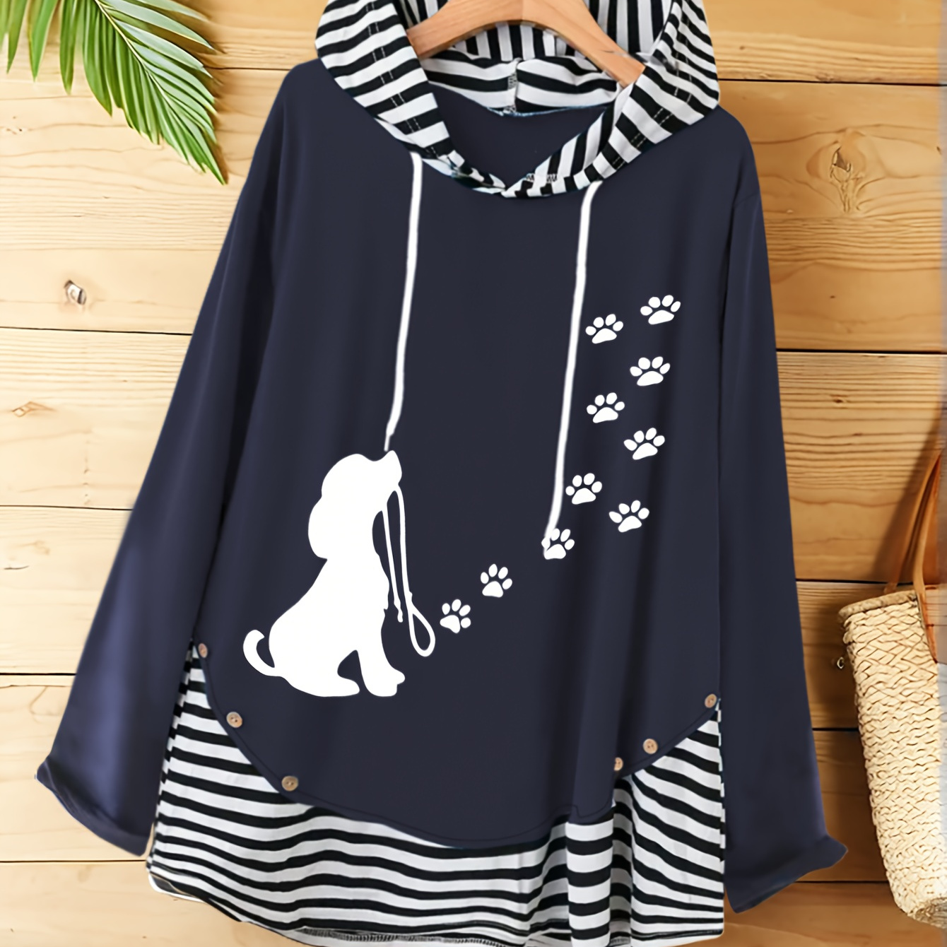 

Chic Cartoon Puppy & Footprint Hoodie - Vintage-inspired Casual Long Sleeve Pullover With Soft Polyester Knit, Striped Detail - Spring/fall, Dog Hoodie