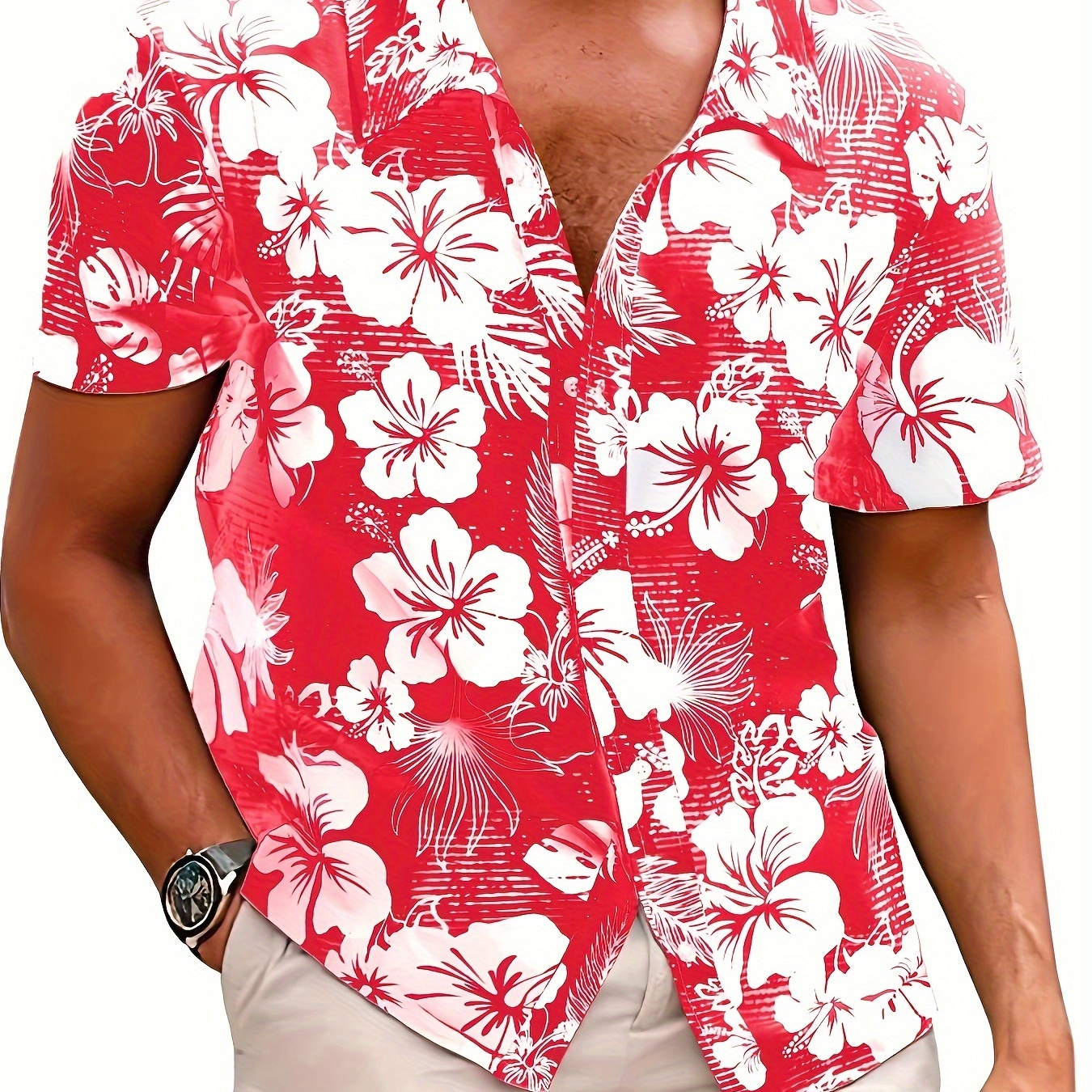 

Hawaiian Flower Pattern Men's Short Sleeve Button Down Lapel Shirt For Summer Resort Holiday, Hawaiian Style