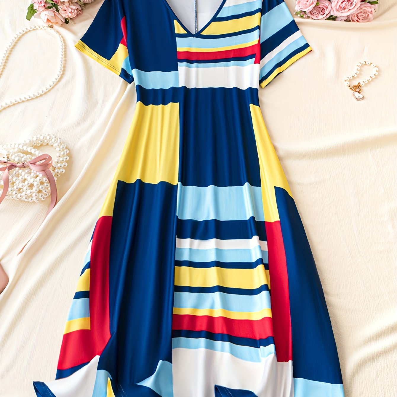 

Plus Size Colorblock Geometric Print V Neck Dress, Casual Short Sleeve Dress For Spring & Summer, Women's Plus Size Clothing