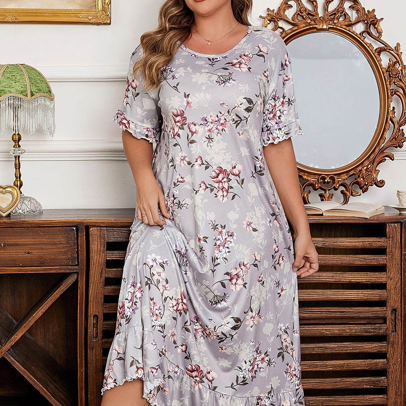 

Women's Plus Size Floral Print Sleep Dress - Comfy Short Sleeve Round Neck With Ruffle Hem, Stretchy Polyester , Machine Washable