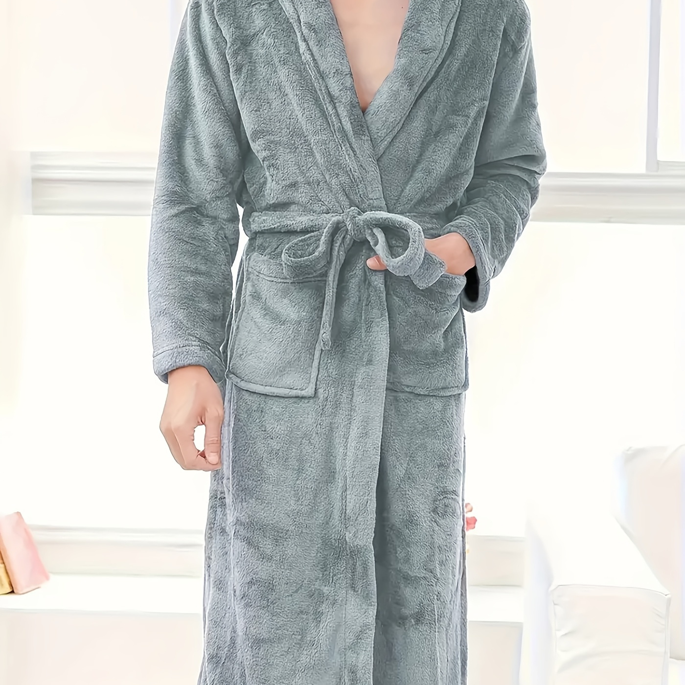 

Men's Long Robe With Large Pockets - Casual V-neck, Adjustable Waist Tie, Cozy Lounge Wear