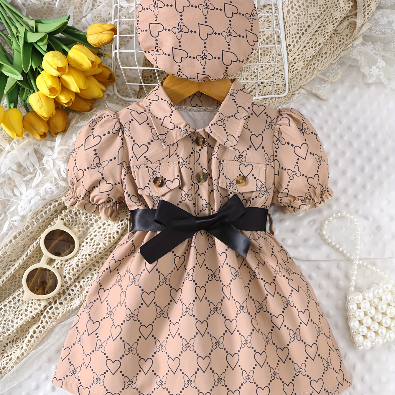 

Baby's Cartoon Bowknot & Heart Pattern Casual Dress & Hat, Button Front Puff Sleeve Dress, Infant & Toddler Girl's Clothing For Summer/spring, As Gift