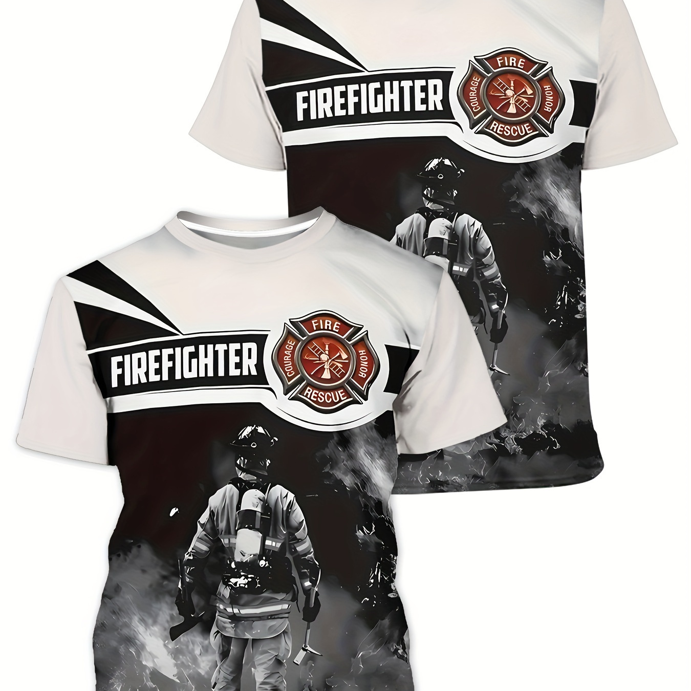 

Men's Fireman Print T-shirt, Casual Short Sleeve Crew Neck Tee, Men's Clothing For Outdoor