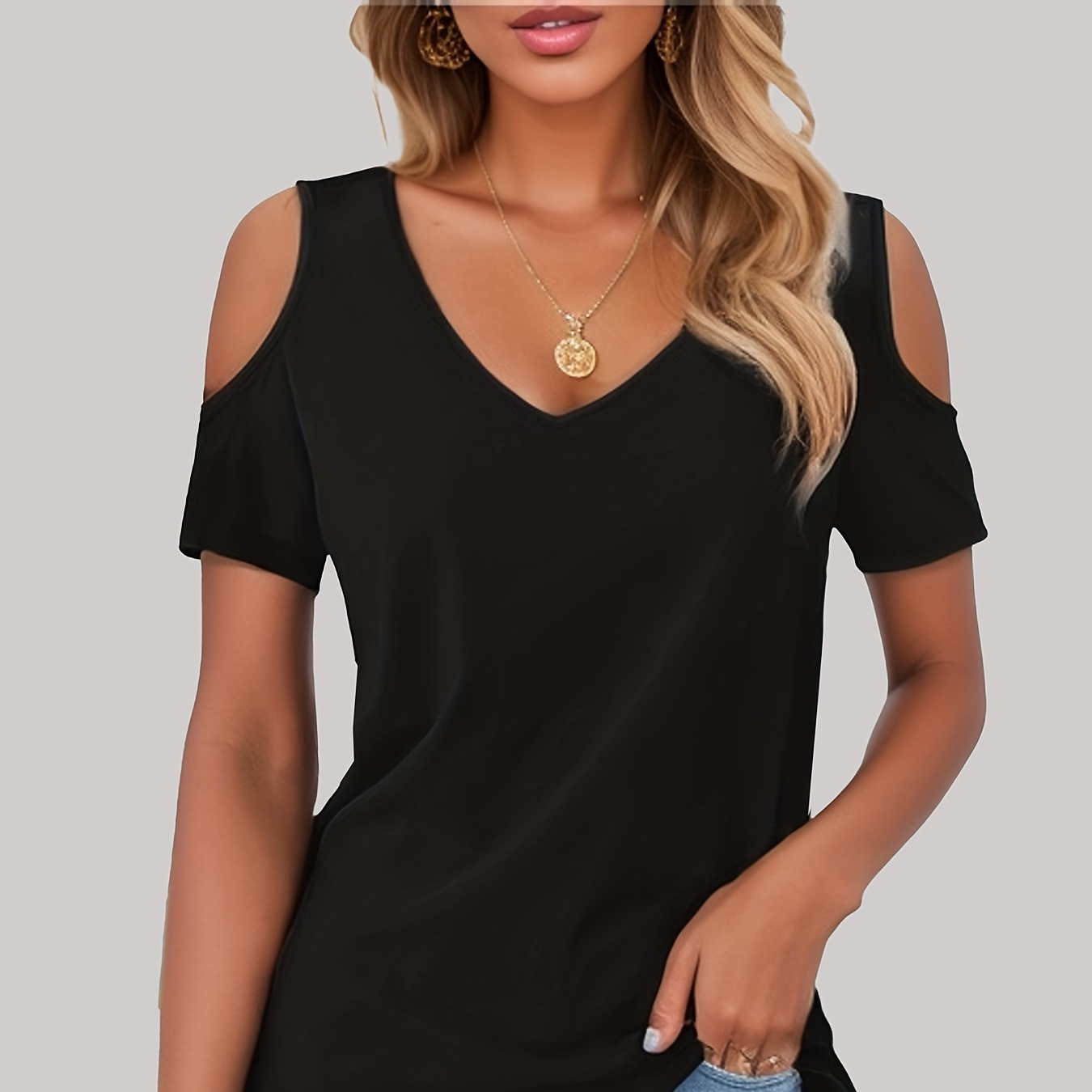 

Solid Cold Shoulder T-shirt, Casual V Neck Short Sleeve Top For Spring & Summer, Women's Clothing