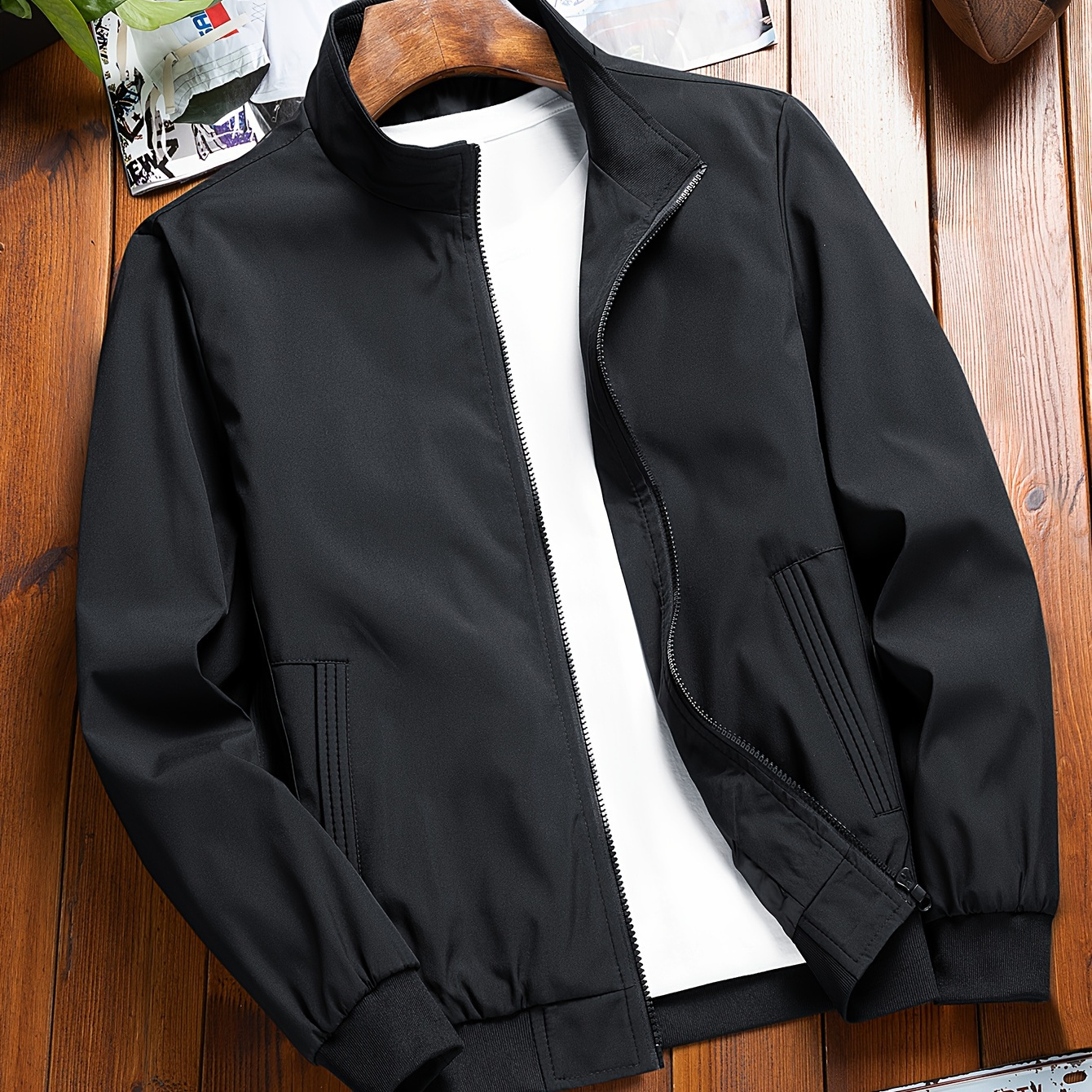 

Men's Solid Sports Jacket With Pockets, Active Stand Collar Zip Up Long Sleeve Outwear For Spring Fall