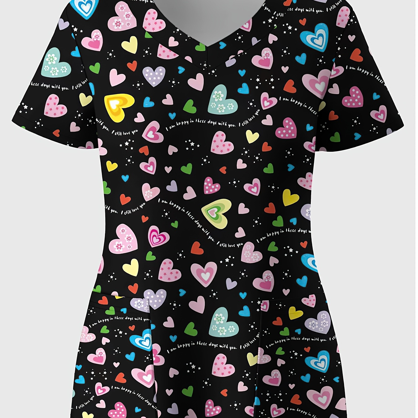 

Plus Size Women's V-neck Scrub Top & 3d Print – Stylish Short Sleeve Medical Uniform, Polyester Fabric, Black Background With Hearts & , For Professionals