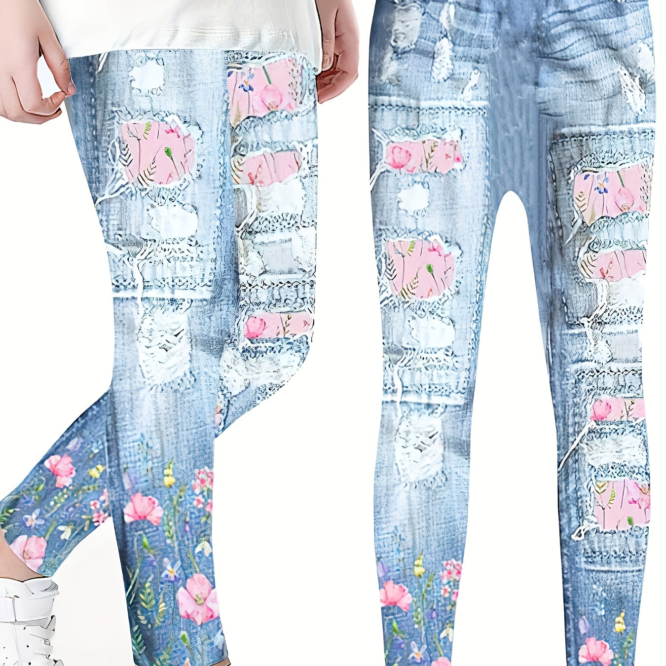 

1pc Comfy Breathable Imitation Denim Print Leggings Trendy Leggings For Girls Party