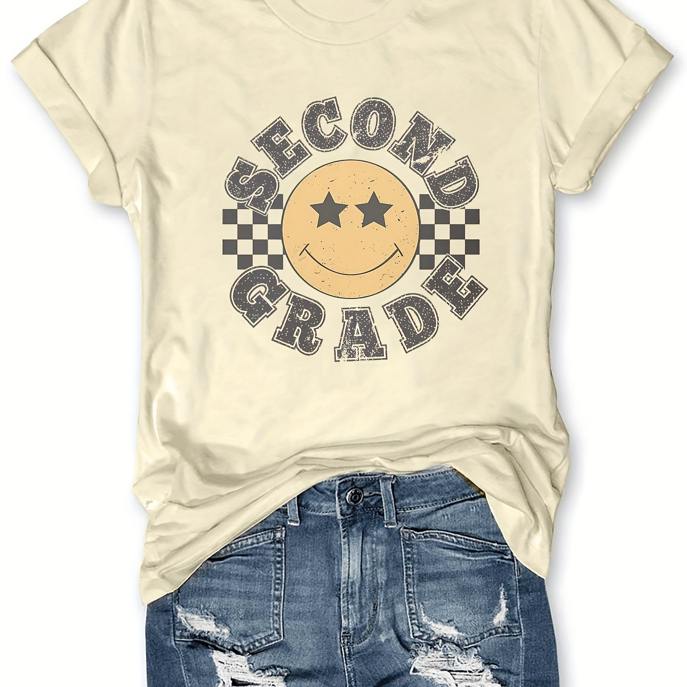 

Women's Second Grade Letter Print T-shirt - Polyester Blend, Casual Crew Neck, Short Sleeve, Knit Top For Summer And Spring