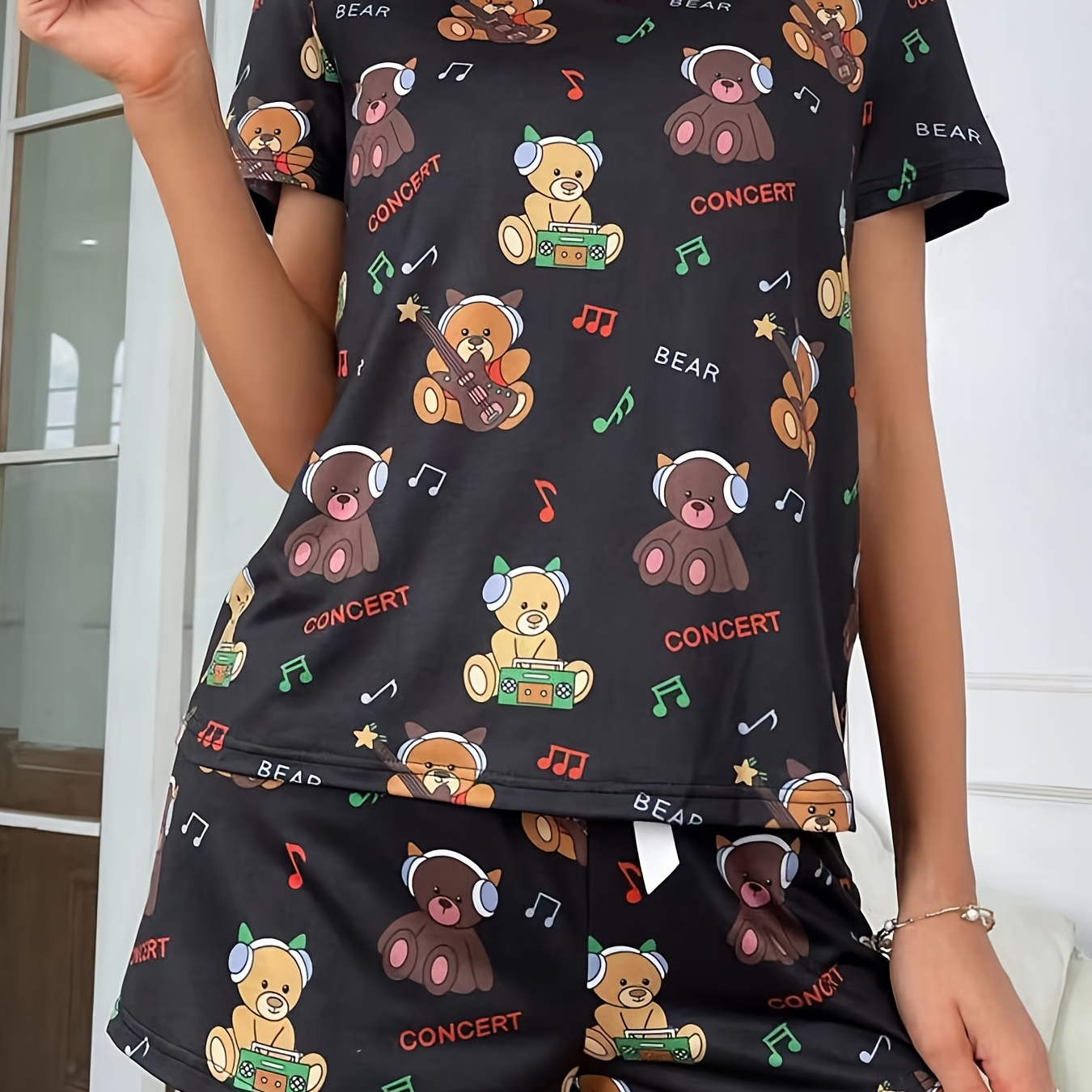 

Women's Cute Musical Bears Pajama Set, Comfortable Short Sleeve Top And Shorts Sleepwear, Cartoon Bear Print, Casual Homewear Lounge Set