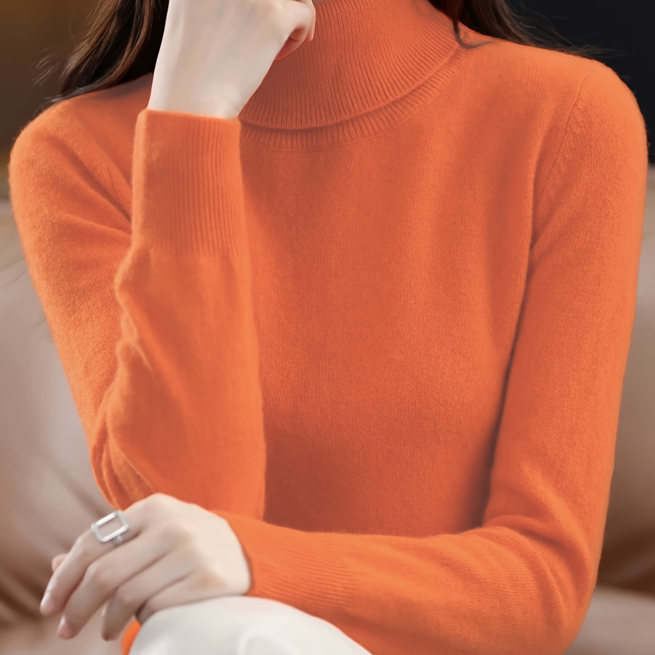 

Chic Solid Color Turtleneck Sweater For Women - Casual, High-stretch Knit Pullover With Long Sleeves, All