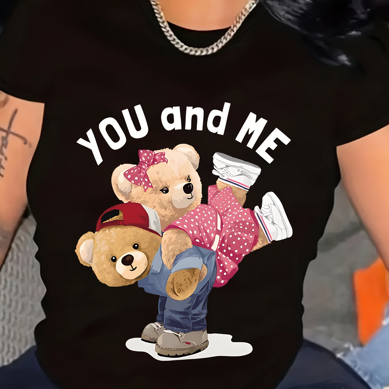 

Teddy Bear Print T-shirt, Short Sleeve Crew Neck Casual Top For Summer & Spring, Women's Clothing