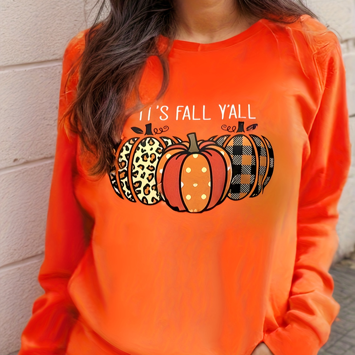 

Plus Size Halloween Sweatshirt, Women's Plus Pumpkin & Slogan Print Long Sleeve Crew Neck Medium Stretch Pullover Sweatshirt, Casual Tops For Fall & Winter, Plus Size Women's Clothing