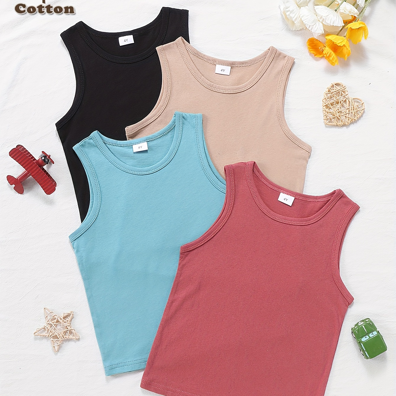 

4pcs Baby Boys Solid Vest, Kids Cotton Sleeveless Round Neck Comfortable Summer Top