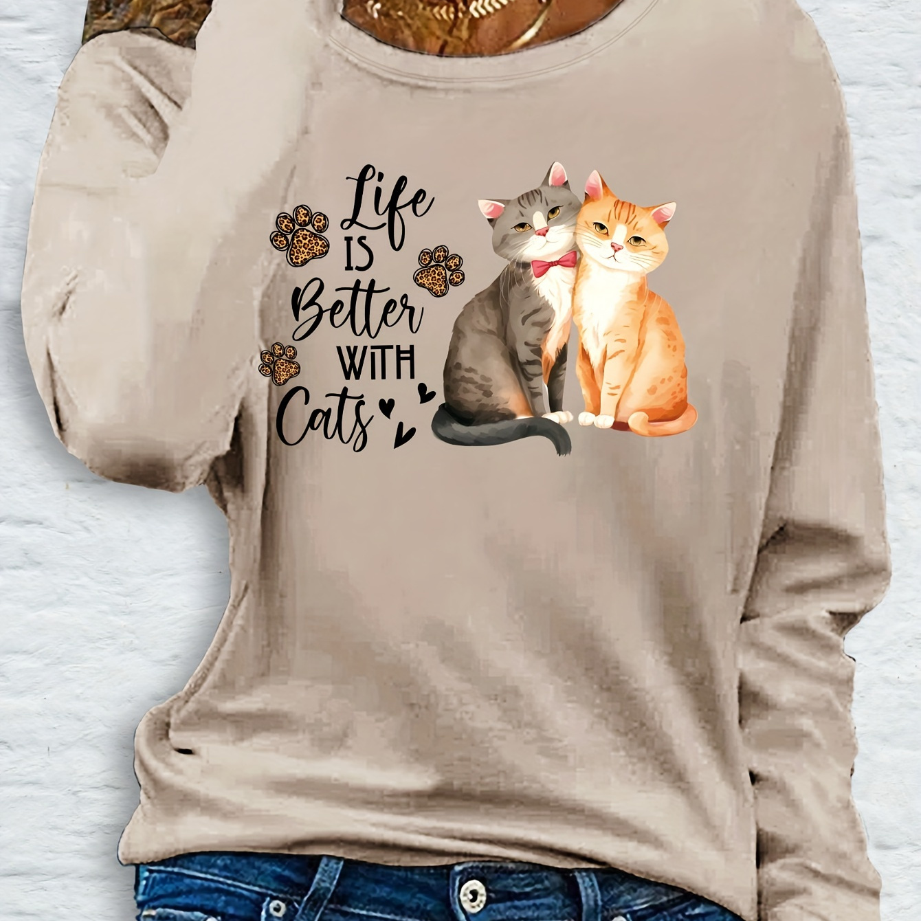 

Women's Long Sleeve Crew Neck T-shirt With Cat , Casual Polyester Knit Top, Medium Stretch Applique Detail, Regular Fit For Fall - 100% Polyester