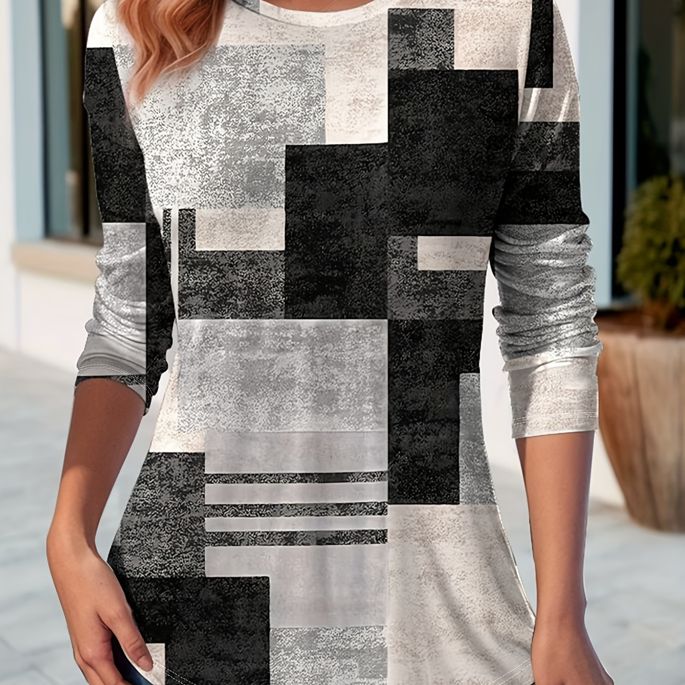 

Patchwork Print T-shirt, Vintage Long Sleeve Crew Neck Top For Spring & Fall, Women's Clothing