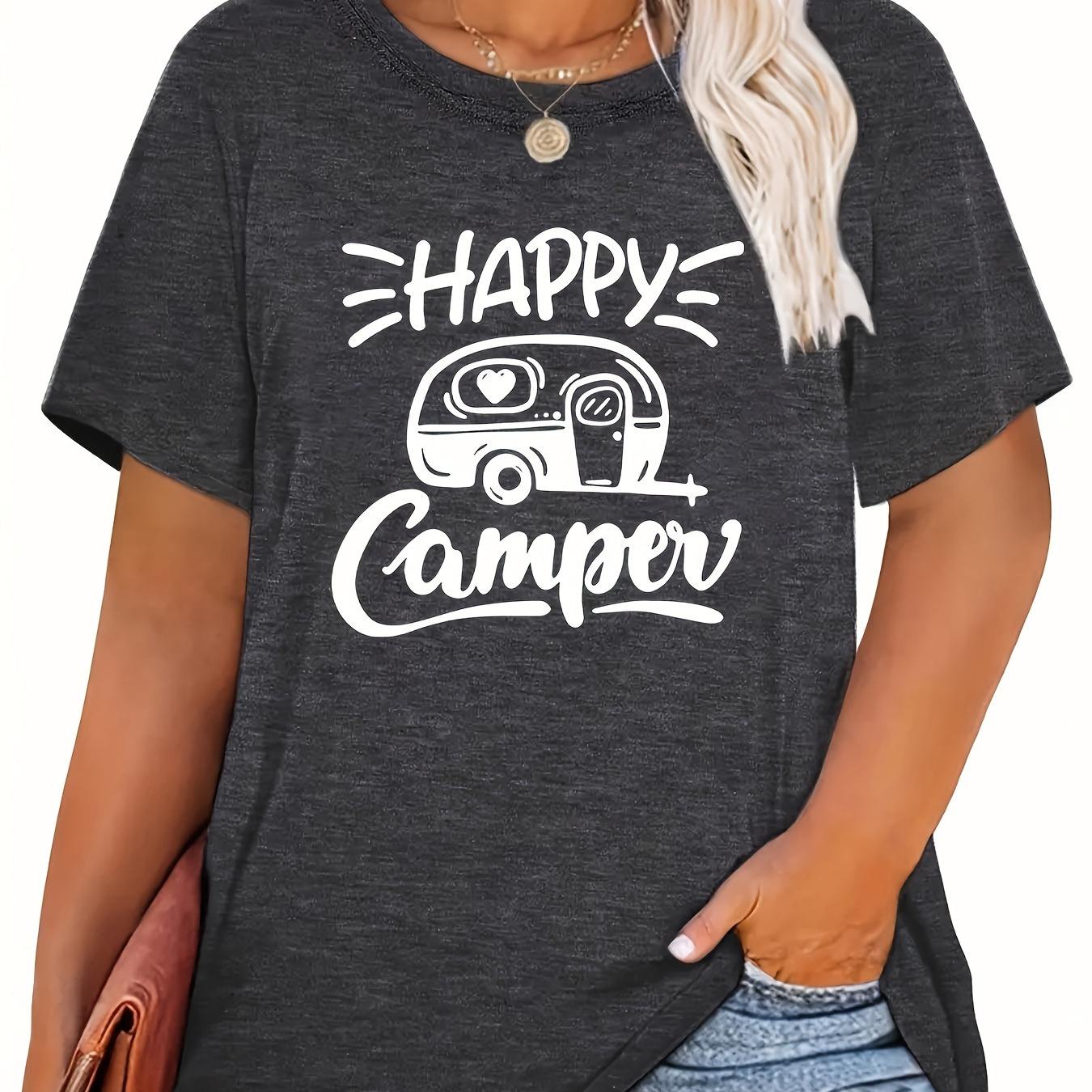 

Plus Size Happy Camping Print T-shirt, Casual Crew Neck Short Sleeve T-shirt, Women's Plus Size clothing