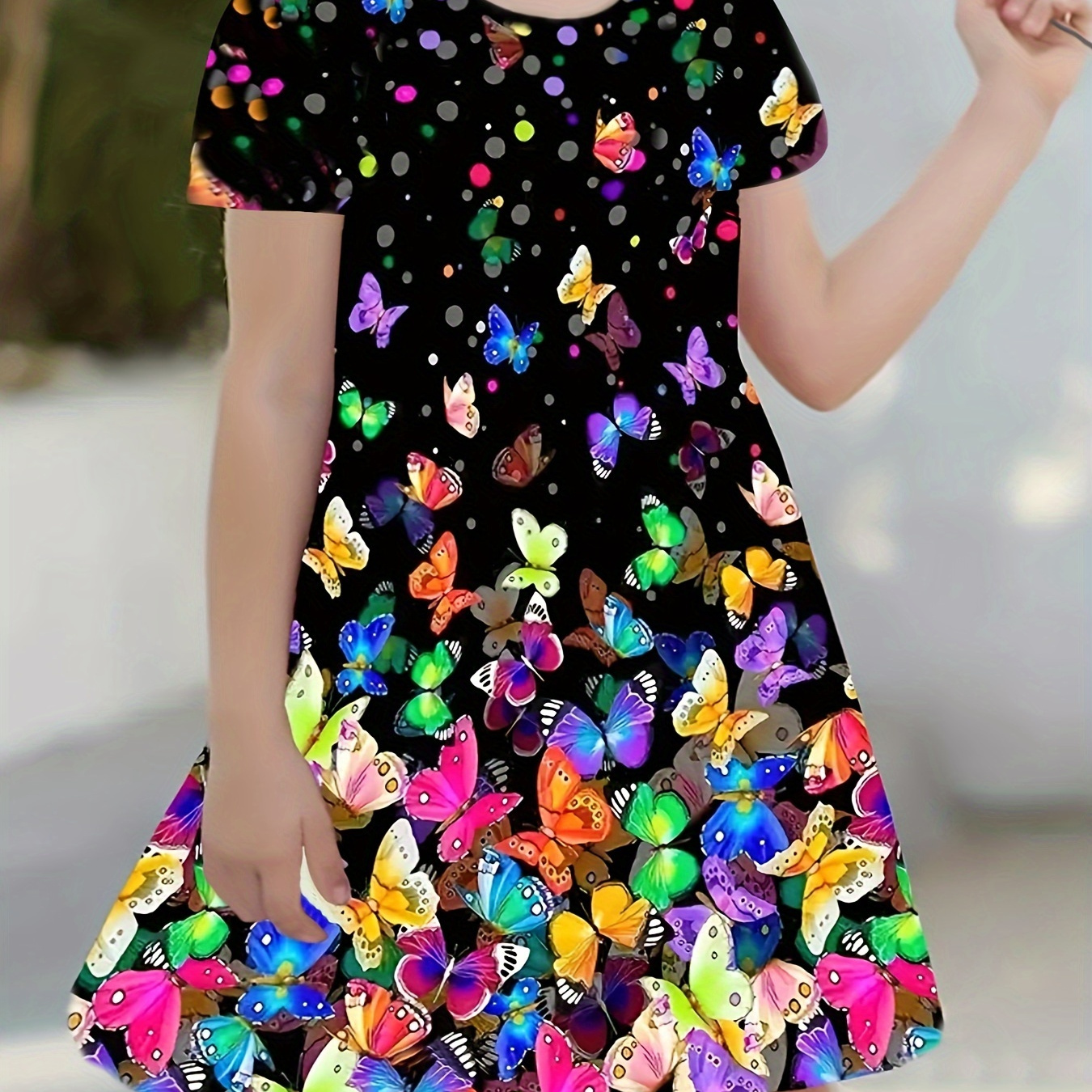 

Girls Dreamy Colorful Butterfly Print Short Sleeve Dress Comfy Dresses Summer Gift