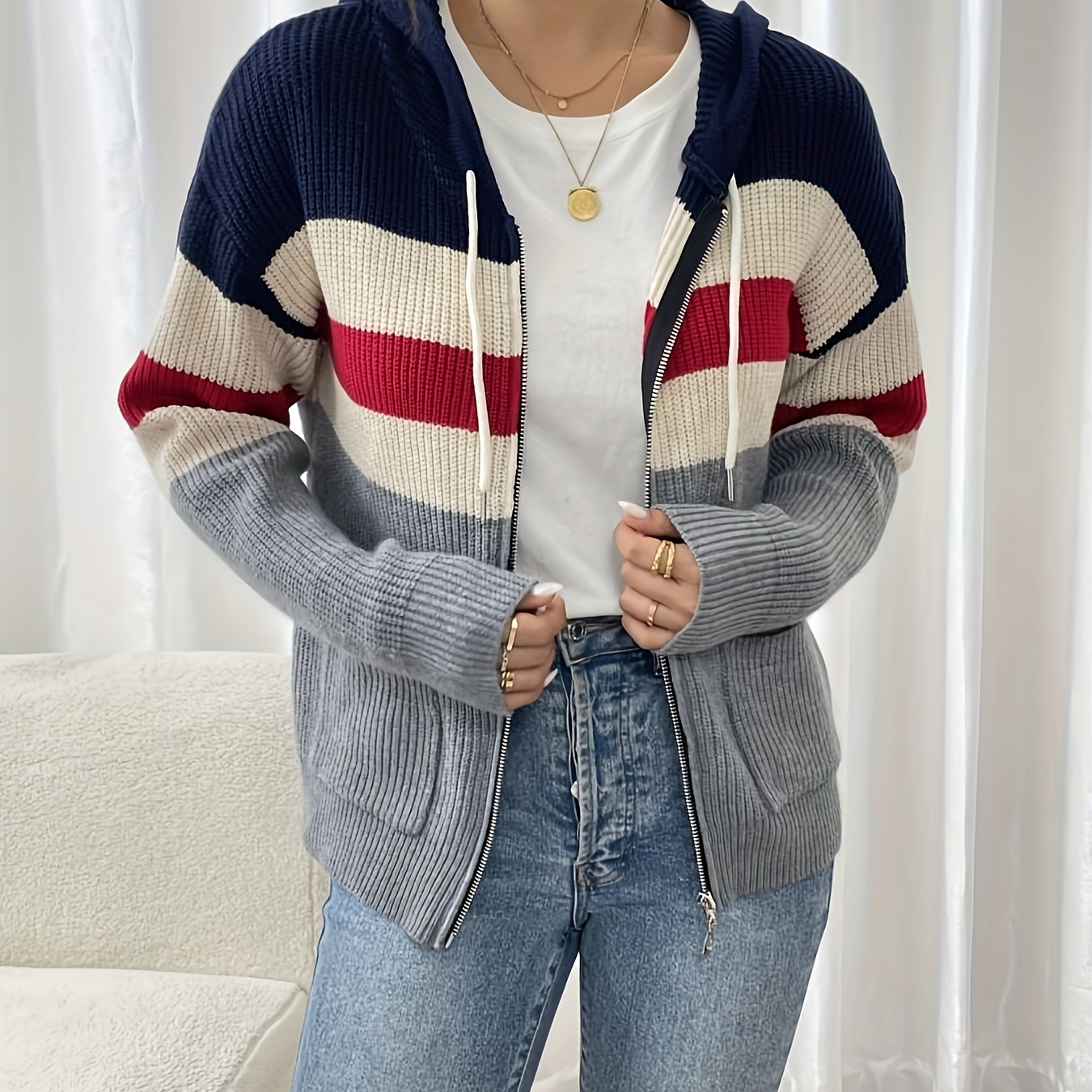 

1pc Women's Casual Striped Hooded Cardigan Sweater, Long Sleeve, Polyester Knit With Pockets, Spring/autumn Fashion