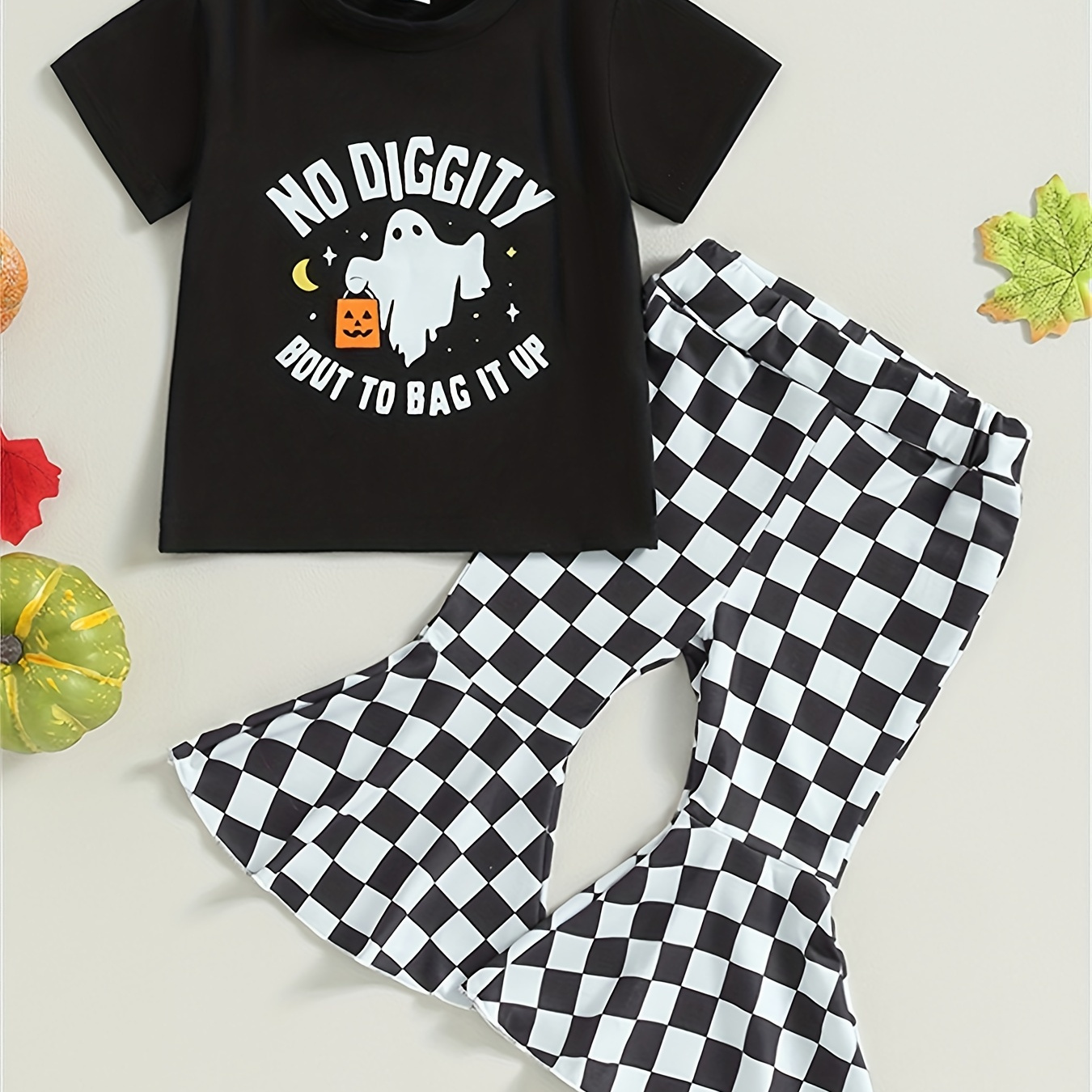 

Halloween Style Girl's 2pcs, T-shirt & Checkerboard Pattern Flared Pants Set, Cartoon Ghost Letter Print Casual Outfits, Kids Clothes For Spring Fall Summer