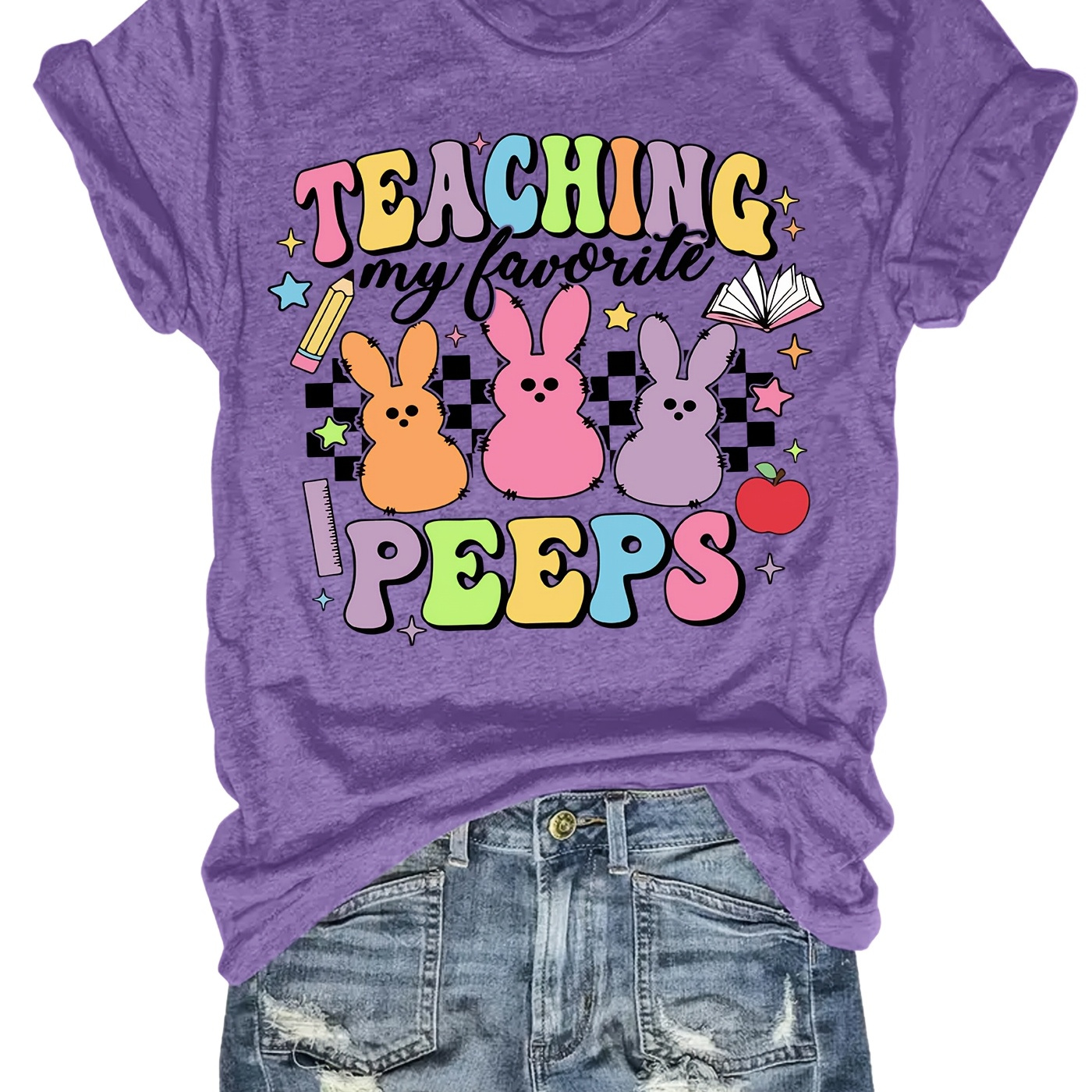 

Bunny Easter, Bunny Pattern Short Sleeve T-shirt, Casual Crew Neck Top Soft Fabric Suitable For Round, For Ladies 12.17