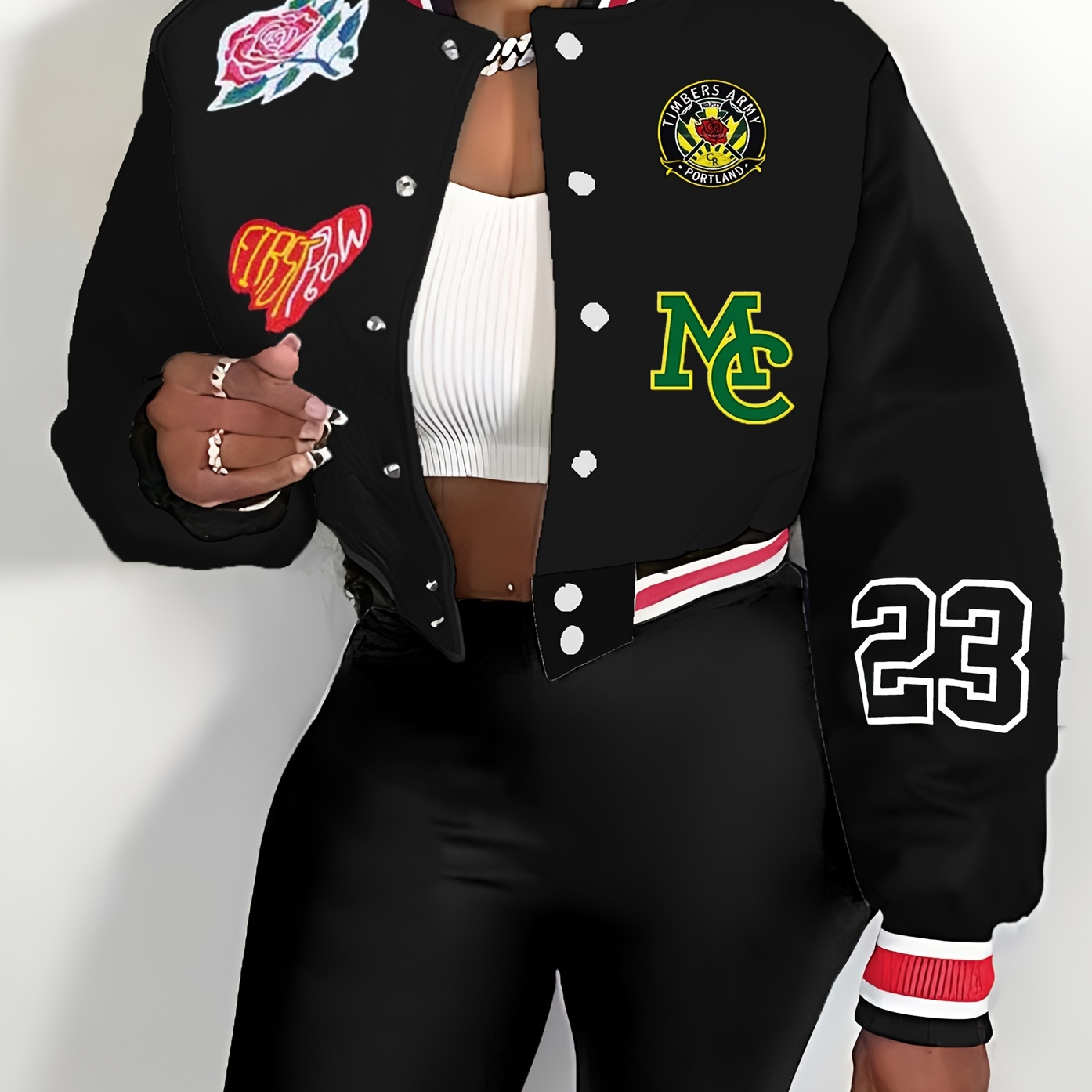 

1pc Women's Casual Polyester Jacket With Alphabet Print, Crew Neck, Knit Fabric, , Motorcycle Baseball Jacket