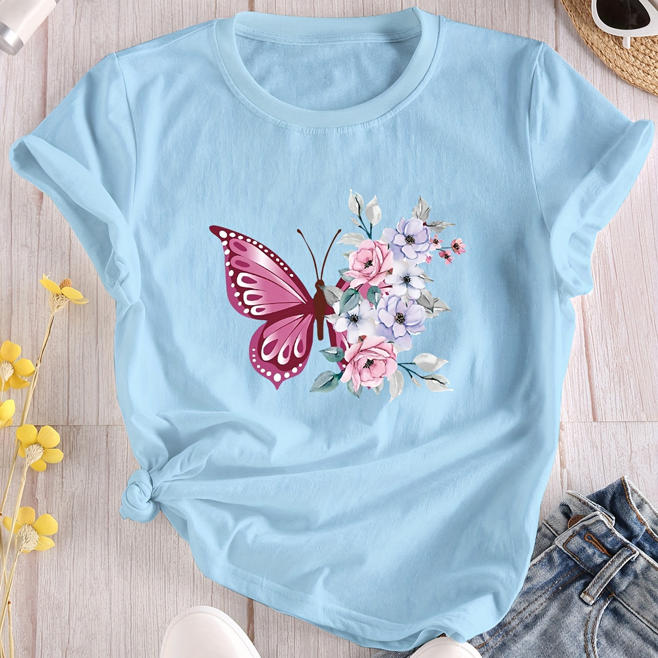 

Butterfly & Floral Sprint Crew Neck T-shirt, Casual Short Sleeve T-shirt For Spring & Summer, Women's Clothing