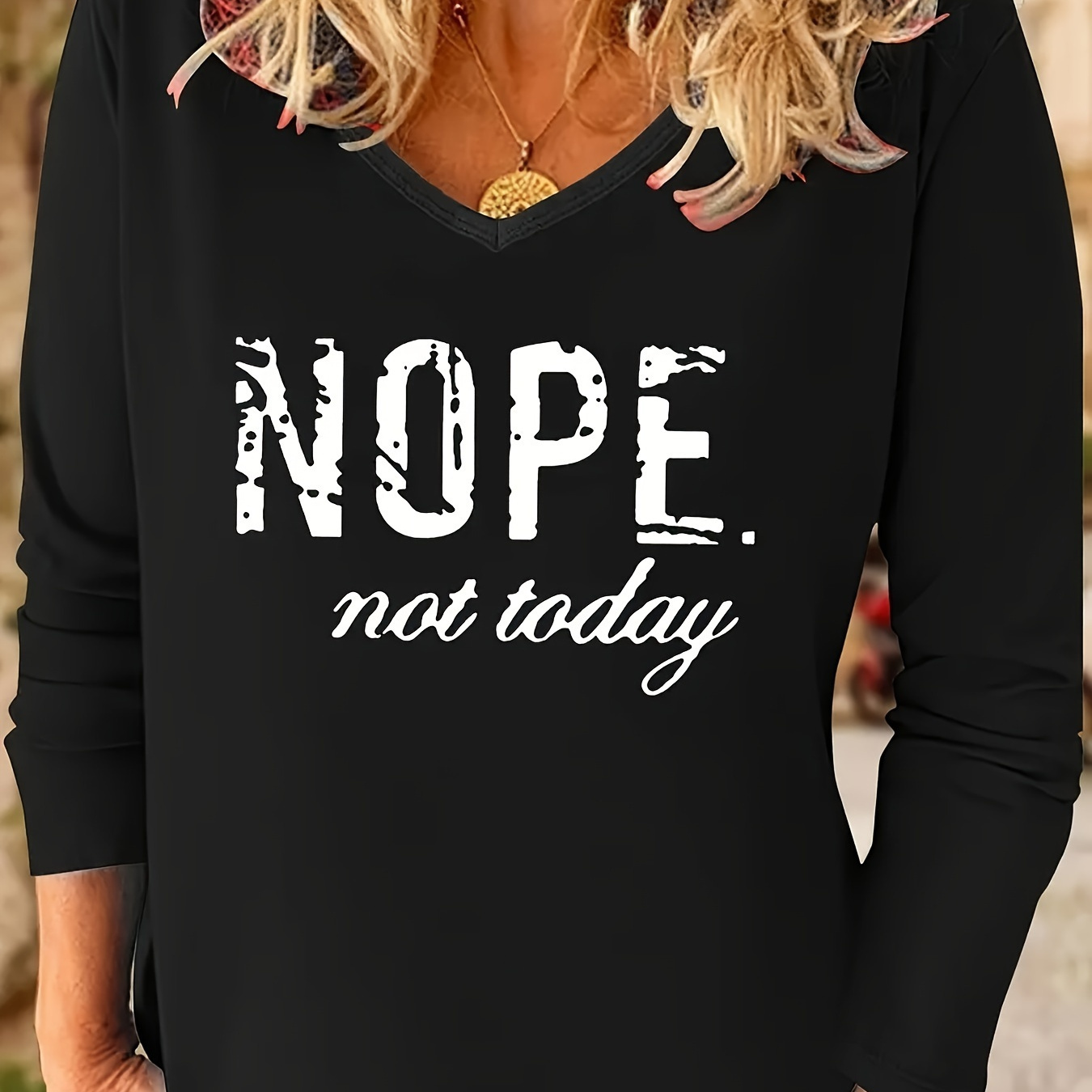 

Women's V-neck Long Sleeve T-shirt With "nope " Letter Print, Casual Polyester Knit Fabric,