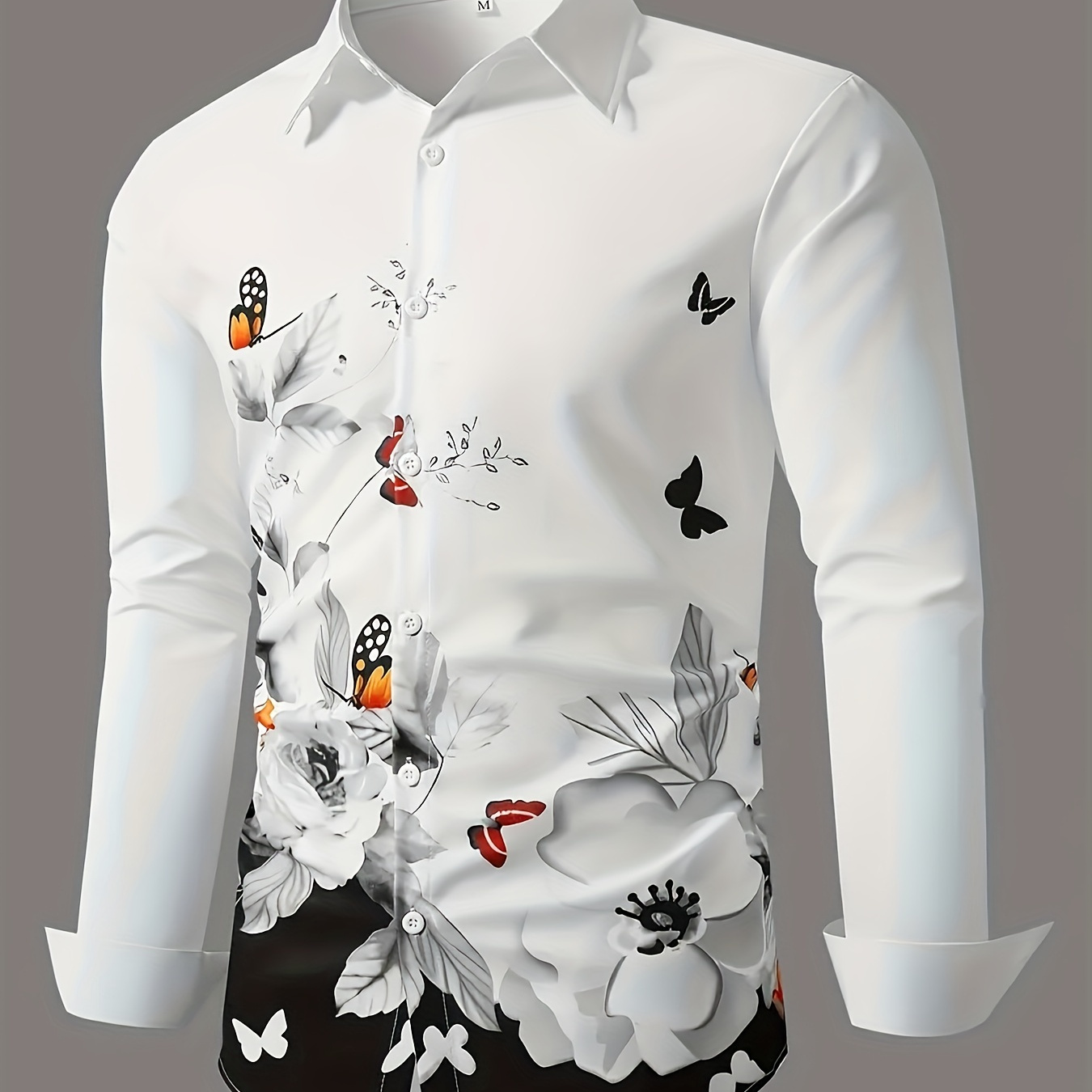 

Chic , Chemise Décontractée pour Homme à Manches Longues avec Imprimé Papillon & Floral 3D - Polyester Élégant, Non Extensible, Boutonnée pour ou l'Extérieur