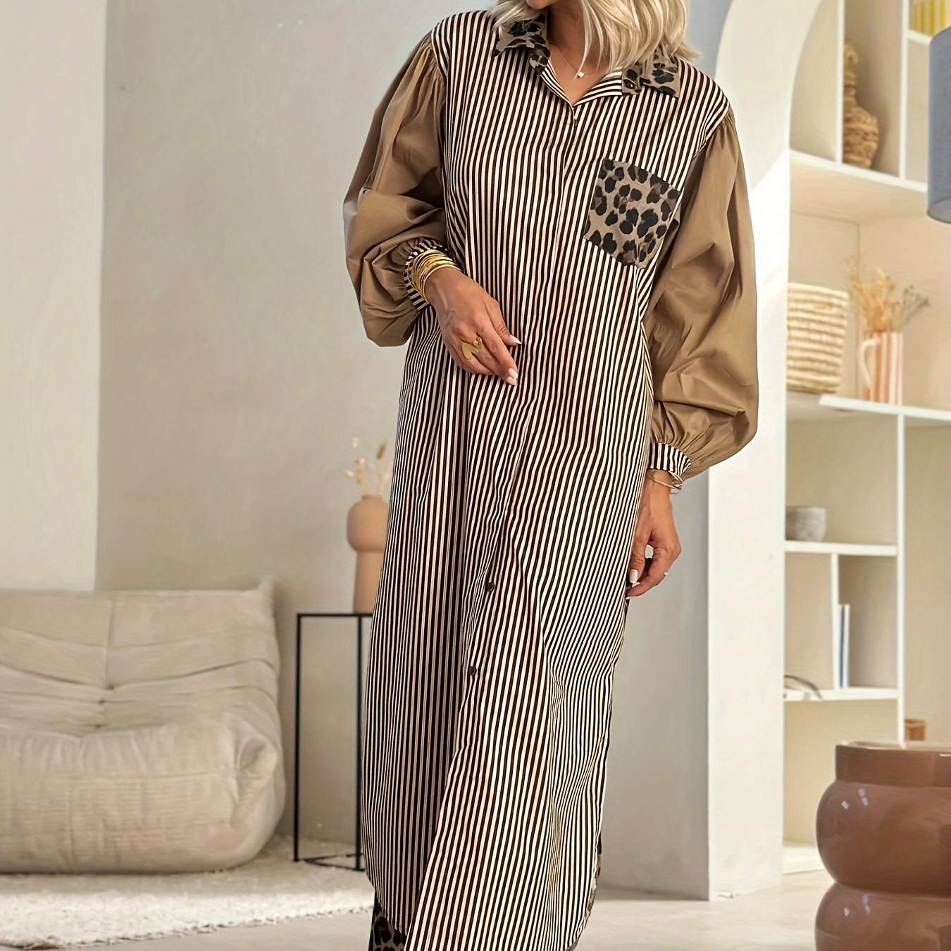 

Robe Maxi Élégante à Imprimé Léopard et Rayures pour Femme - Design Chic avec Oreilles de Chat, Manches Longues, Boutonnage, Polyester Léger, Lavable en Machine, Robe à Imprimé Léopard