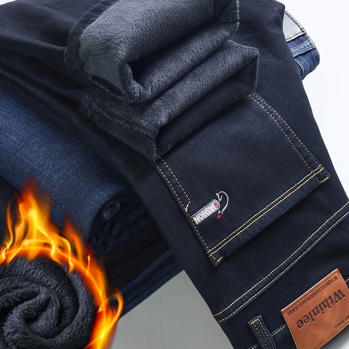 

Men's Semi-formal Classic Design Jeans, Warm Thick Jeans For Fall Winter Business