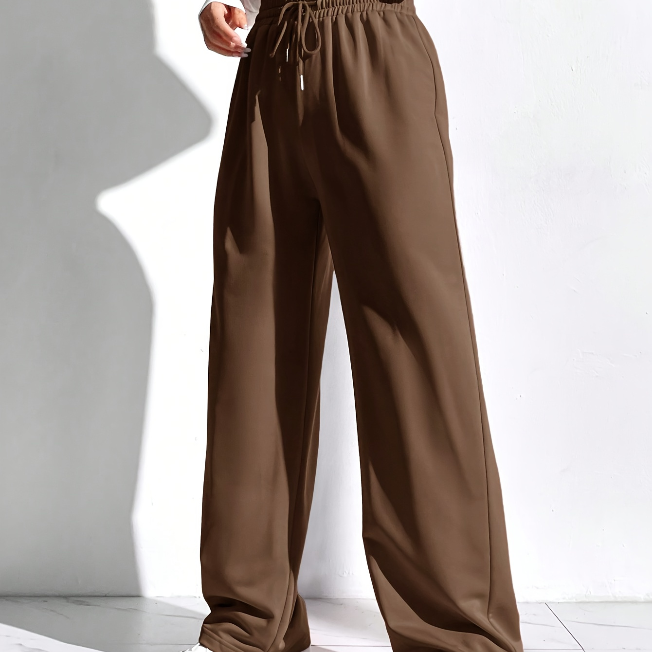 

Pantalon droit décontracté en polyester pour femme, couleur unie, avec cordon de serrage à la taille pour la d'automne