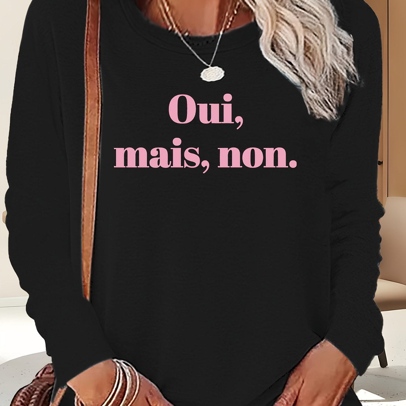 

French Slogan Letter Print T-shirt, Long Sleeve Crew Neck Casual Top, Polyester Material, Regular Length, Applique , Knit Fabric, 180g/㎡, Women's Clothing