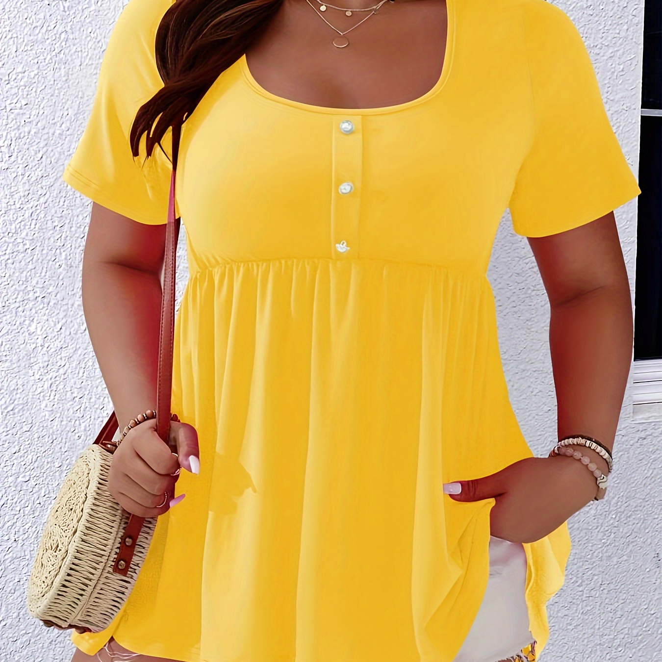 

Plus Size Ruched Button Front T-shirt, Casual Short Sleeve Top For Spring & Summer, Women's Plus Size Clothing
