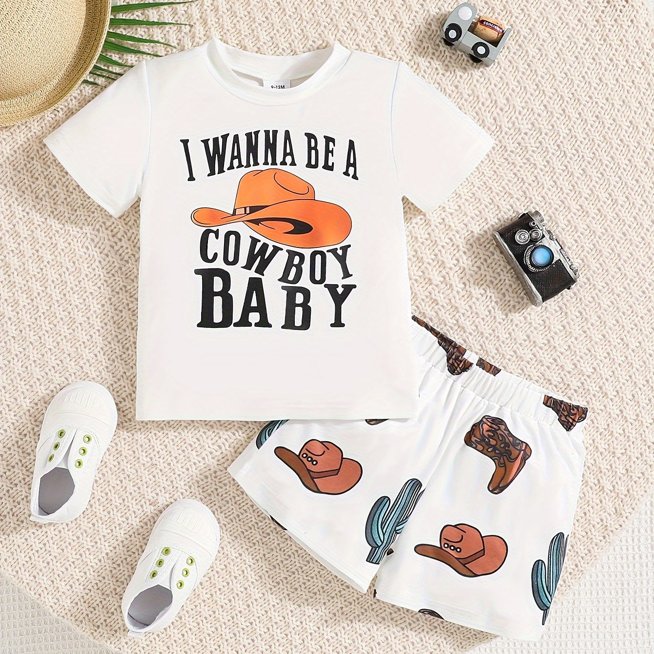 

2pcs Set For Baby Boys - " A Cowboy Baby" Printed T-shirt & Western Cowboy Pattern Shorts, Cute Casual Summer Outfit For Newborns