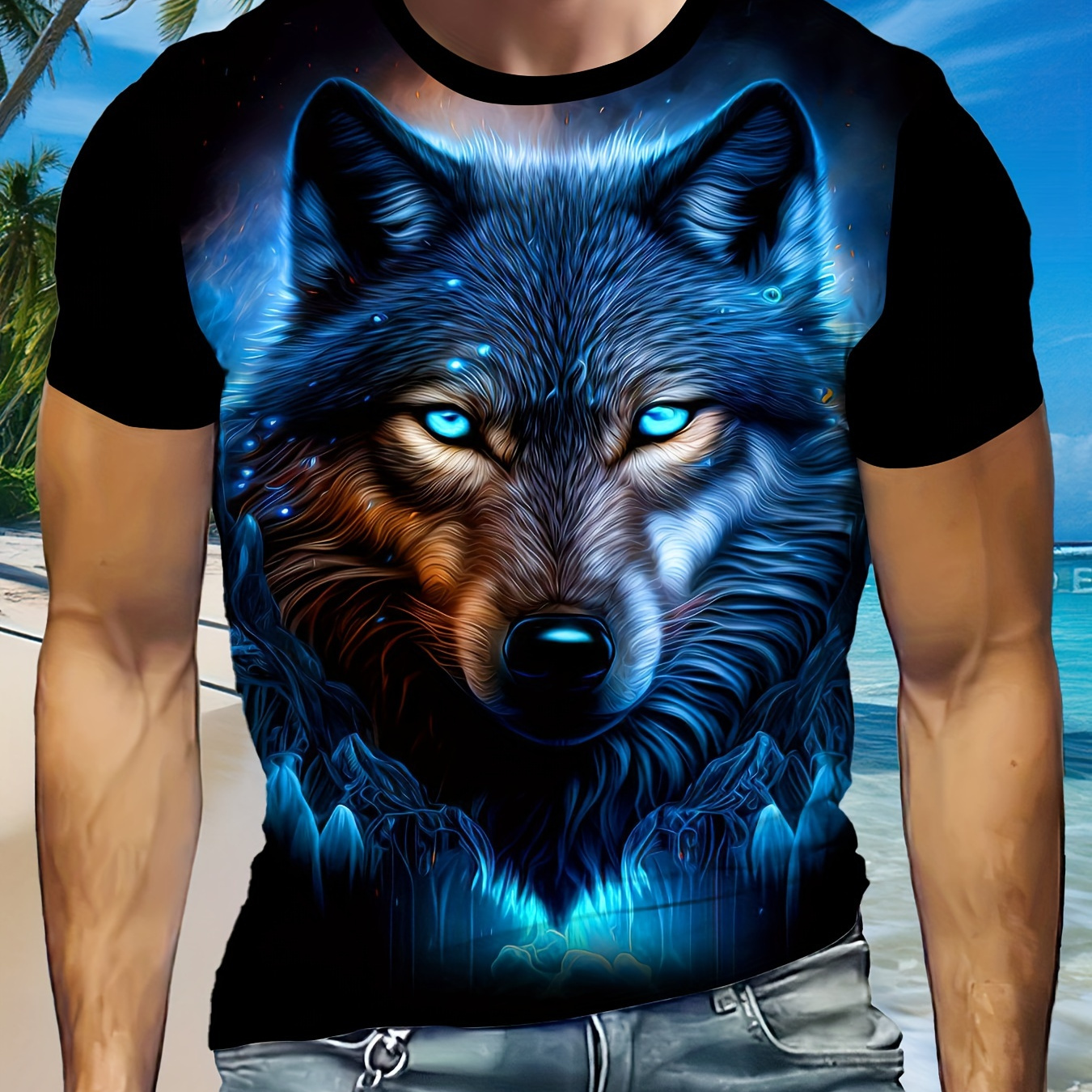 

3d Wolf Graphic Print Men's Casual Short Sleeve T-shirt - Breathable Polyester Knit Fabric, Round Neck, Unisex Adult Fashion Top For Daily And Leisure Occasions