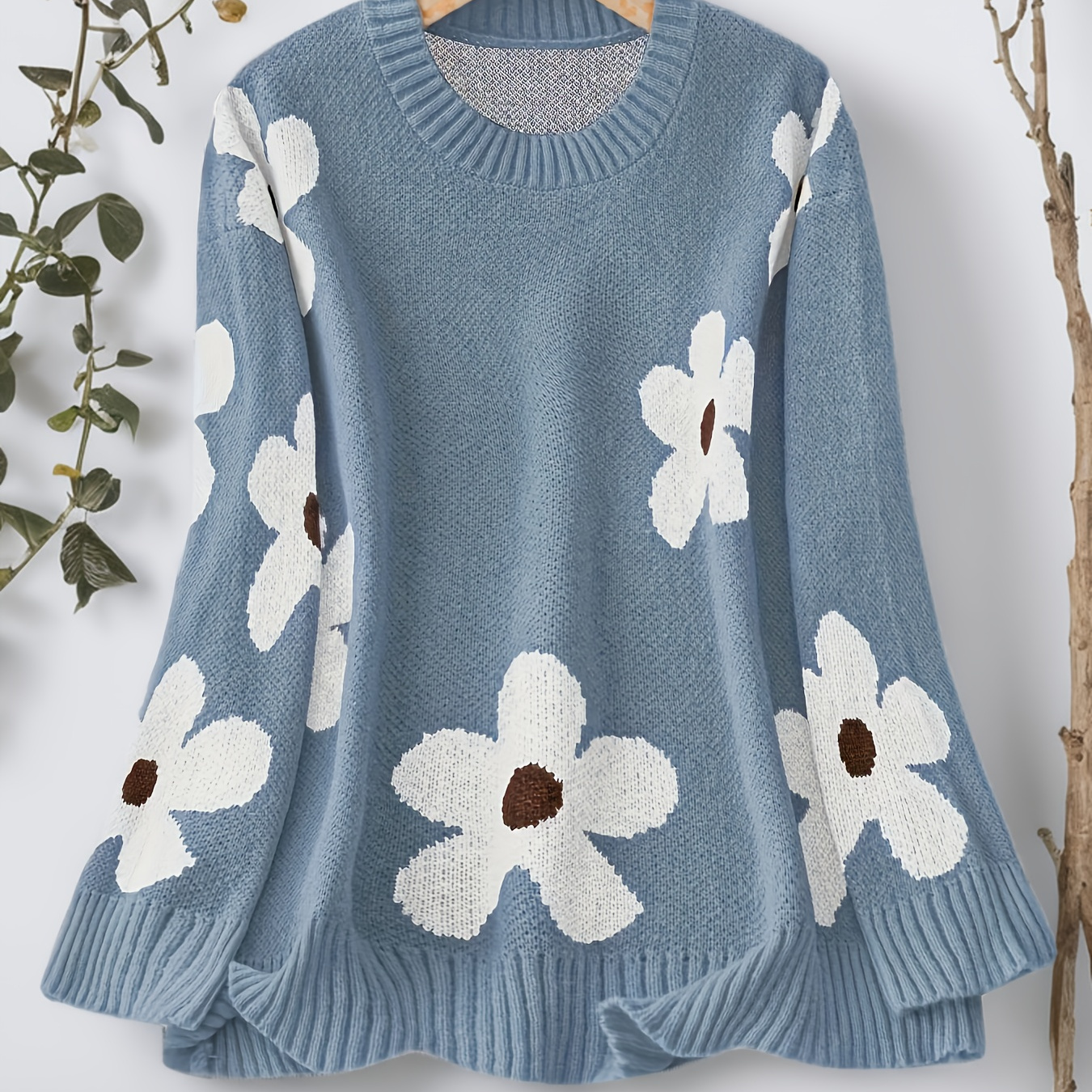 

Pull grande taille à motif floral, pull décontracté à manches longues col rond pour l'automne et l'hiver, vêtements grande taille pour femmes