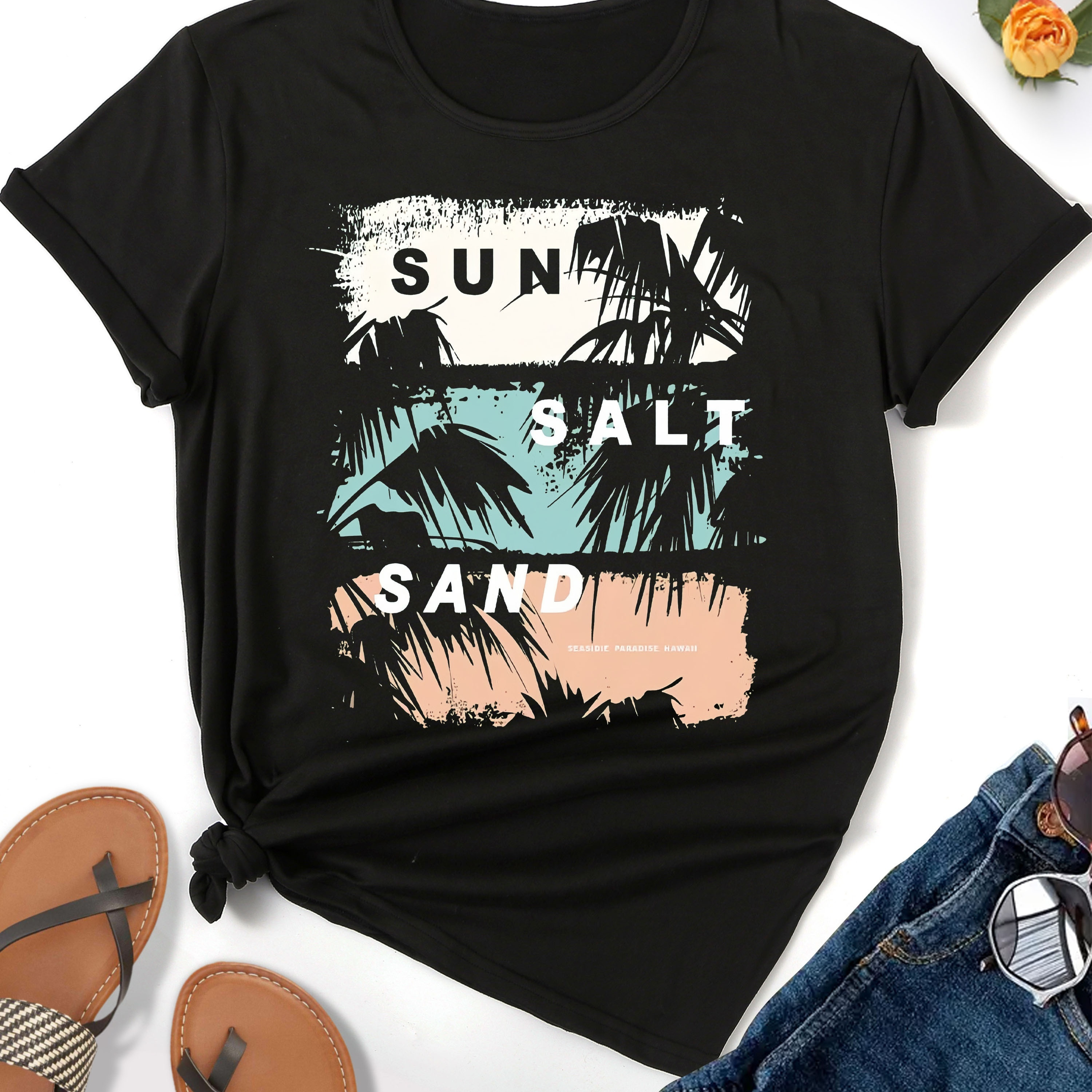 

Coconut Tree & Beach Print T-shirt, Casual Crew Neck Short Sleeve Top For Spring & Summer, Women's Clothing