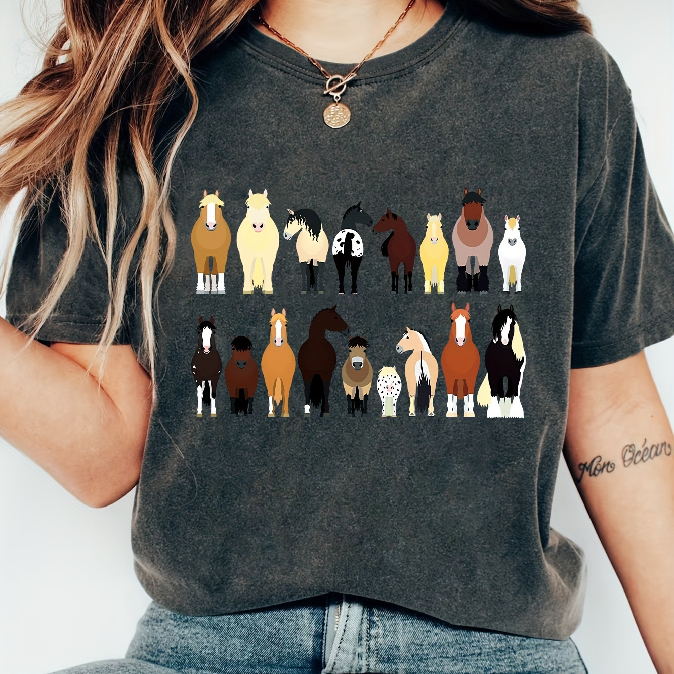 

Stud Of Horses Neck T-shirt, Short Sleeve Casual Top For , Women's Clothing